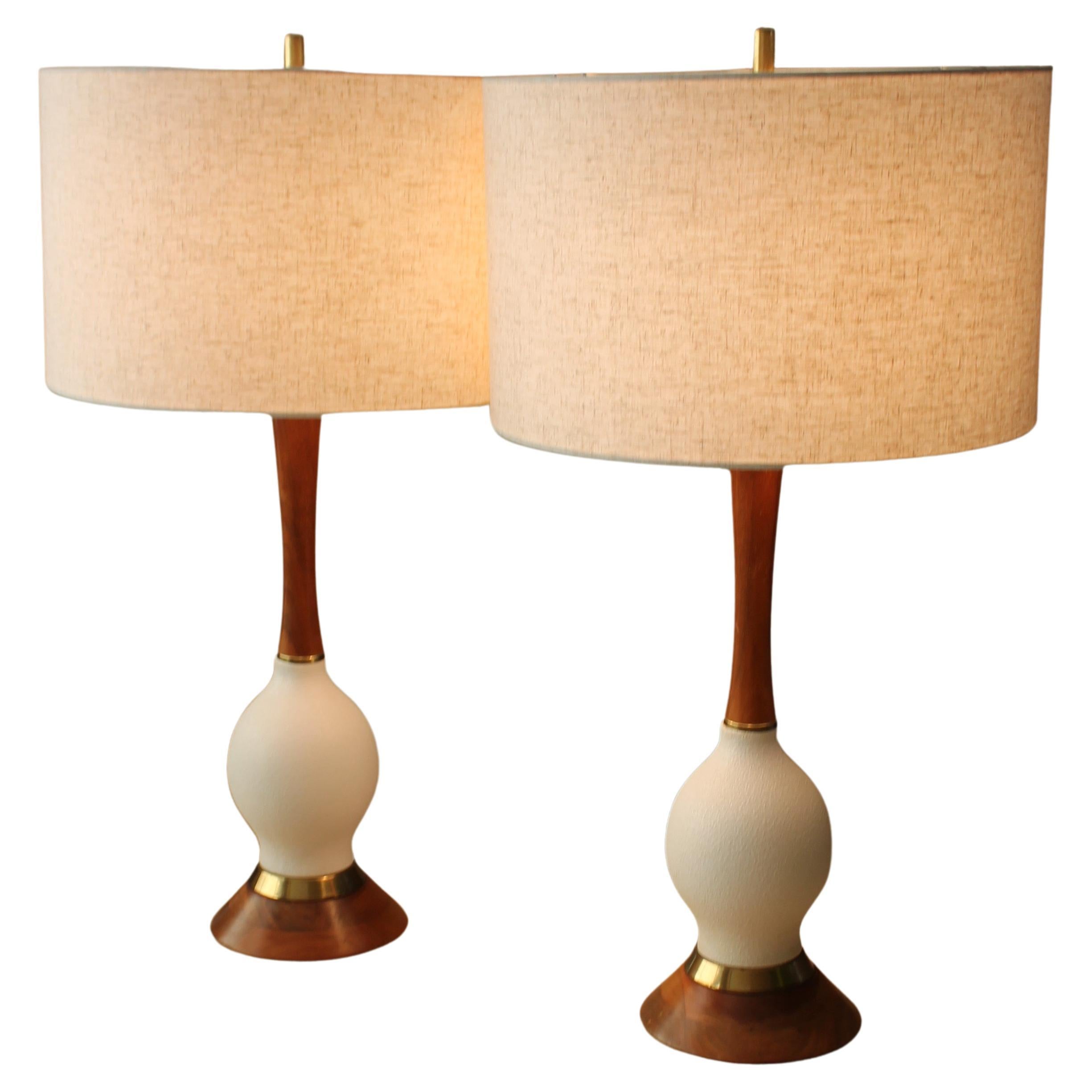 PAIR! Mid Century Danish Modern Table Lamps Brass Teak Plaster! Clean Design!
