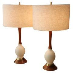 Vintage PAIR! Mid Century Danish Modern Table Lamps Brass Teak Plaster! Clean Design!