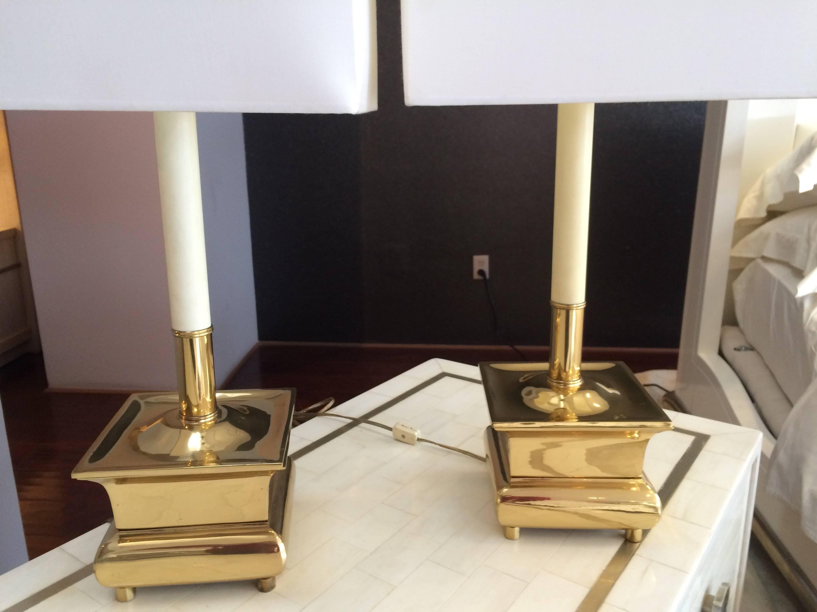 This is a beautiful pair or brass lamps. Sexy and sweet for the nightstand or dresser and chic enough for an entry or any room in between.

Shades are 12