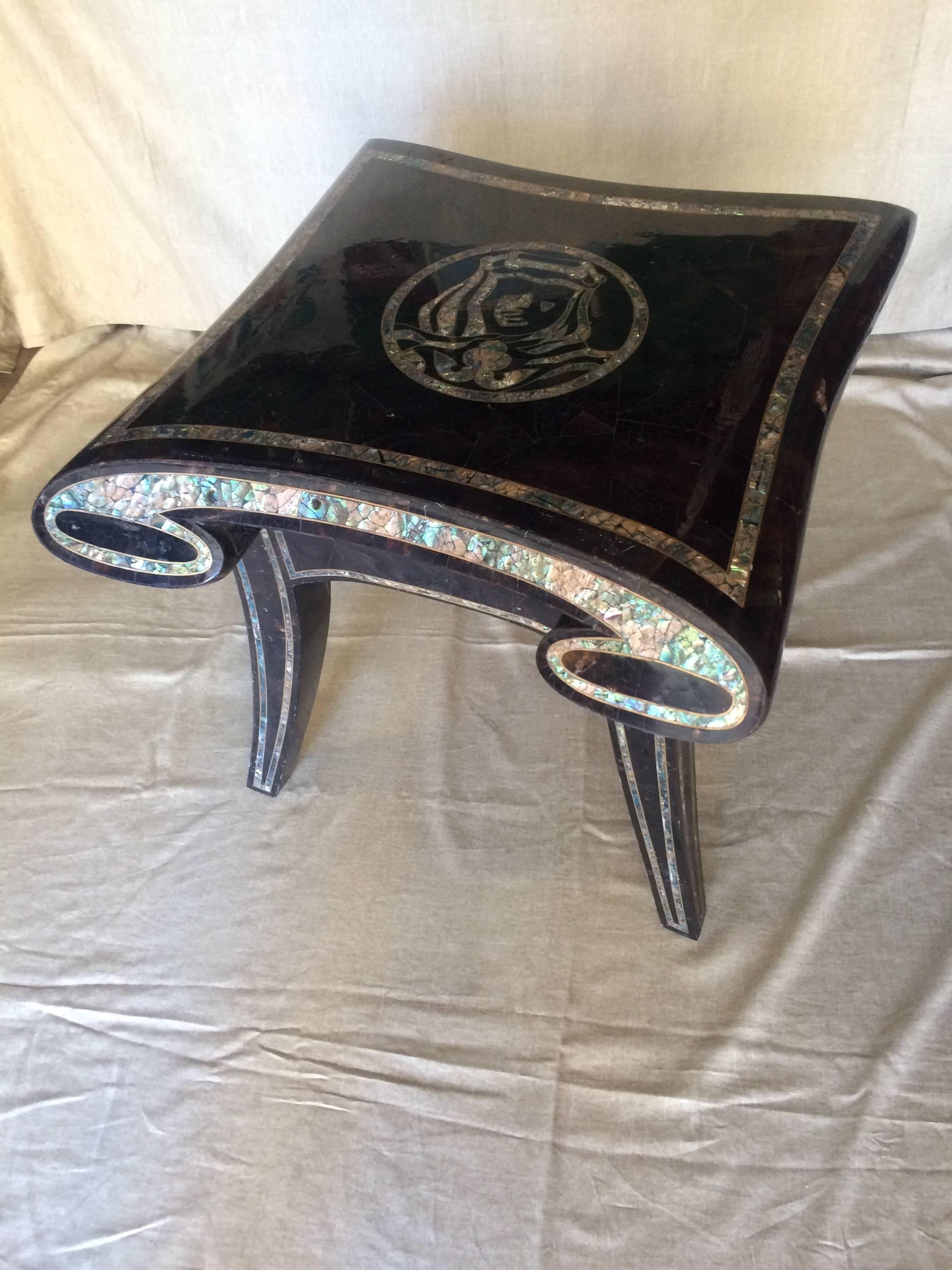 Hollywood Regency Tessellated Marble Side Table with Abalone Accents