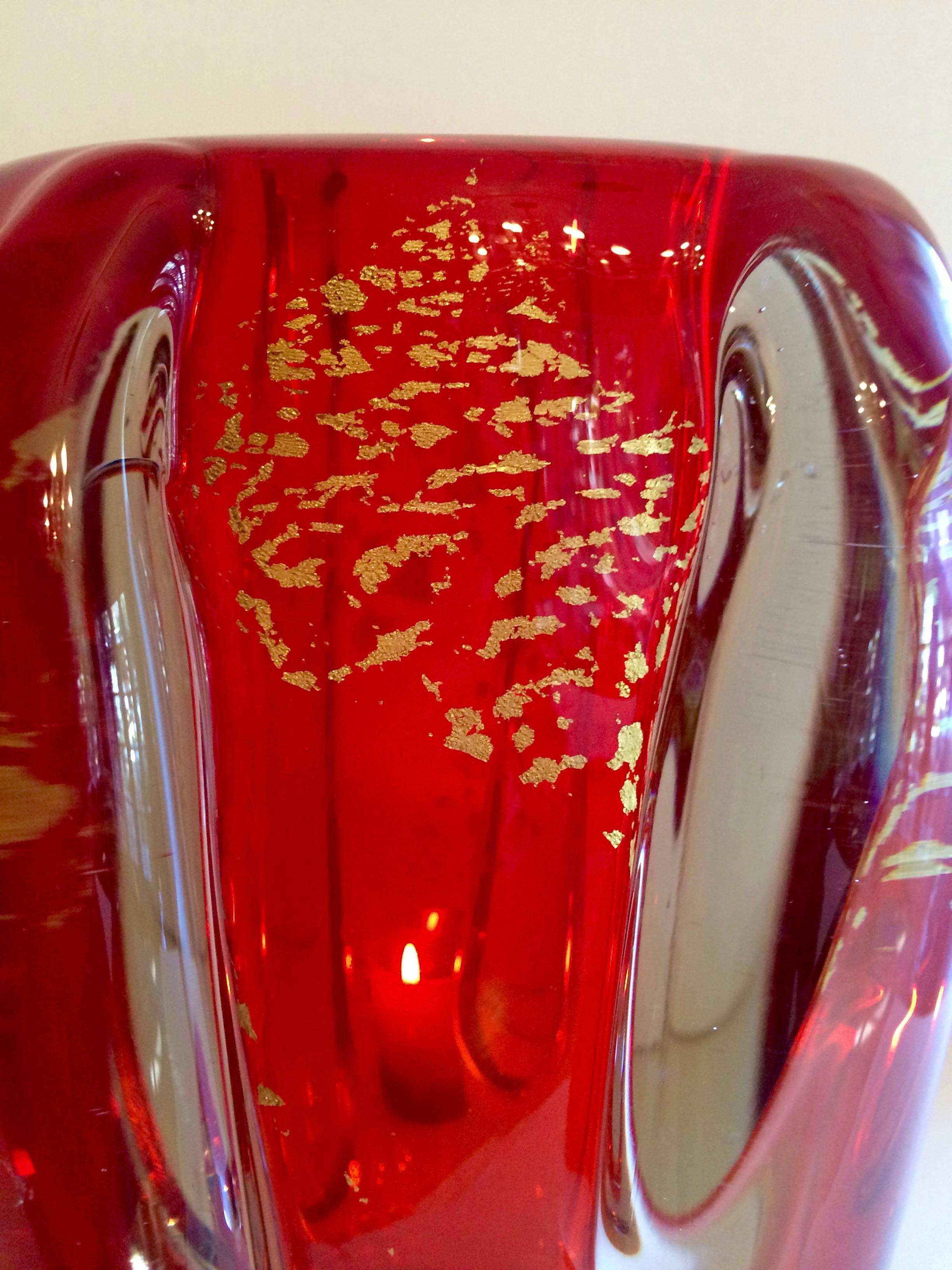 Italian Exceptional Red Ercole Barovier Murano Vase with 24-Karat Gold