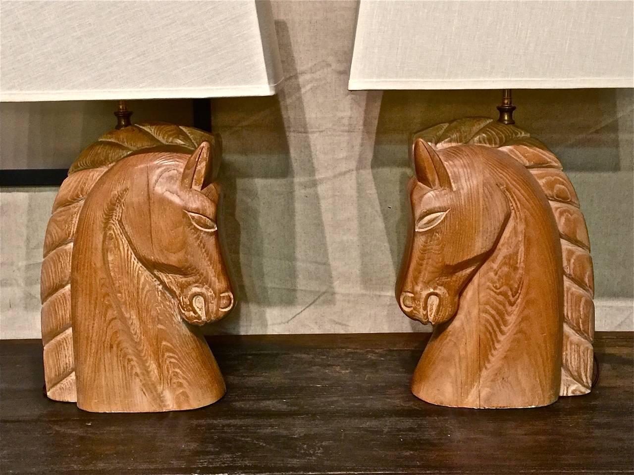 Pair of Billy Haines Carved Wood Horse Head Lamps In Excellent Condition In Los Angeles, CA