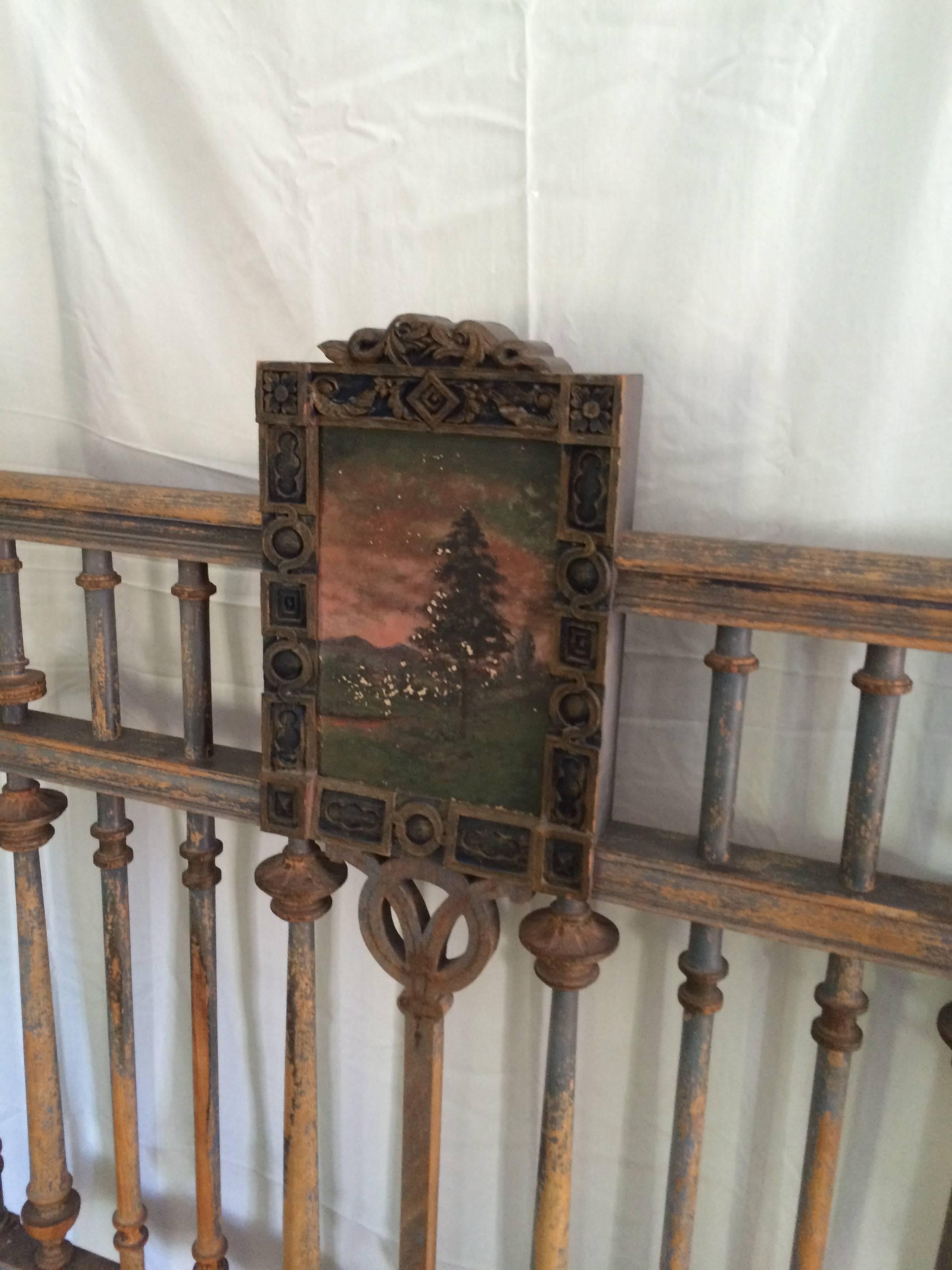 Beautifully Patinated 19th Century Four-Poster Bed with Hand-Painted Headboard In Good Condition In Los Angeles, CA