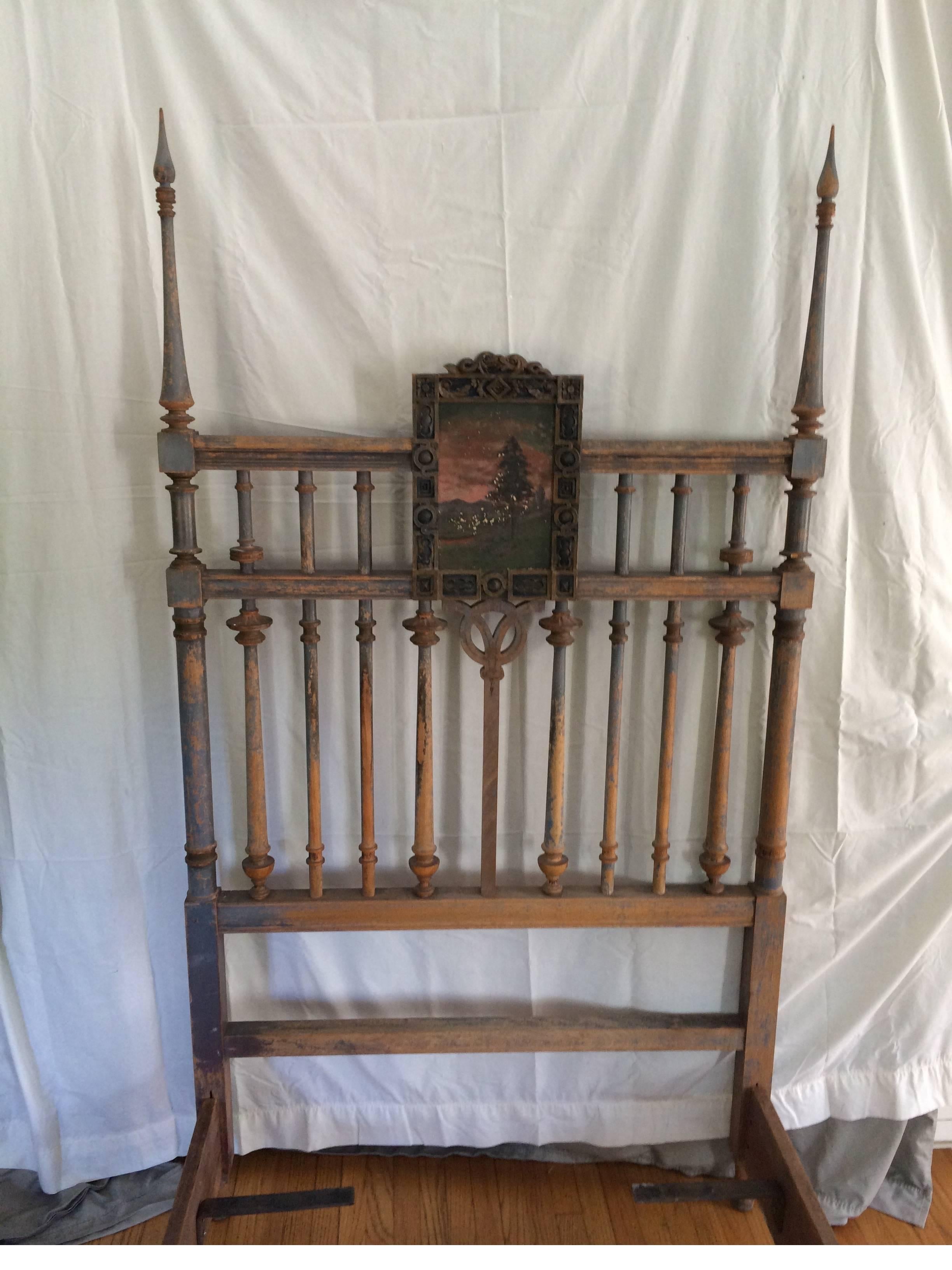 Beautifully Patinated 19th Century Four-Poster Bed with Hand-Painted Headboard 1