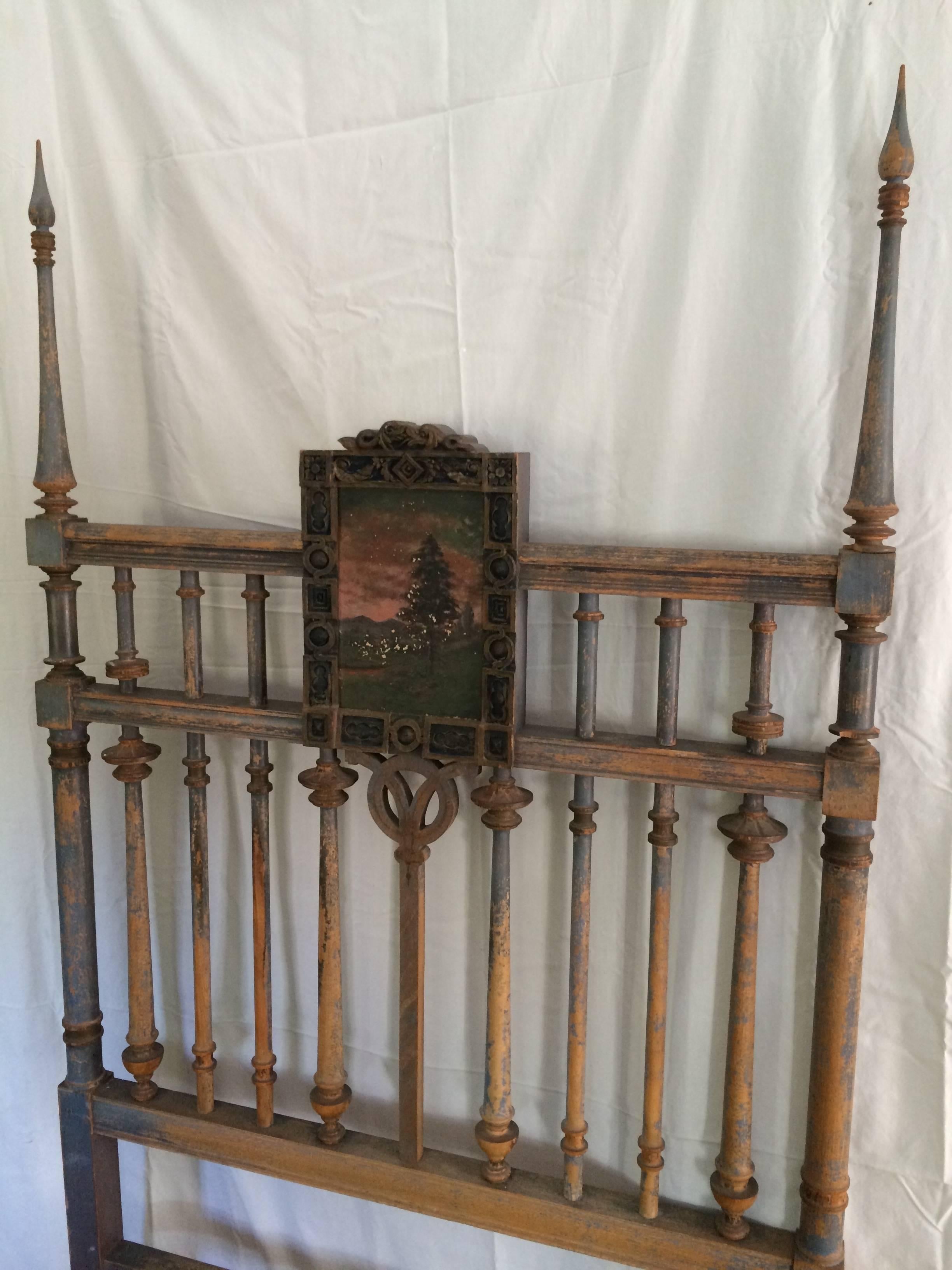 Beautifully Patinated 19th Century Four-Poster Bed with Hand-Painted Headboard 2