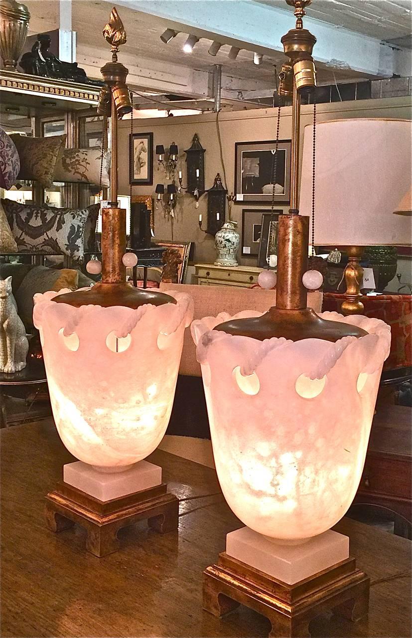 Monumental Pair of Alabaster Marbro Lamps with 24-Karat Gold Leaf In Excellent Condition In Los Angeles, CA