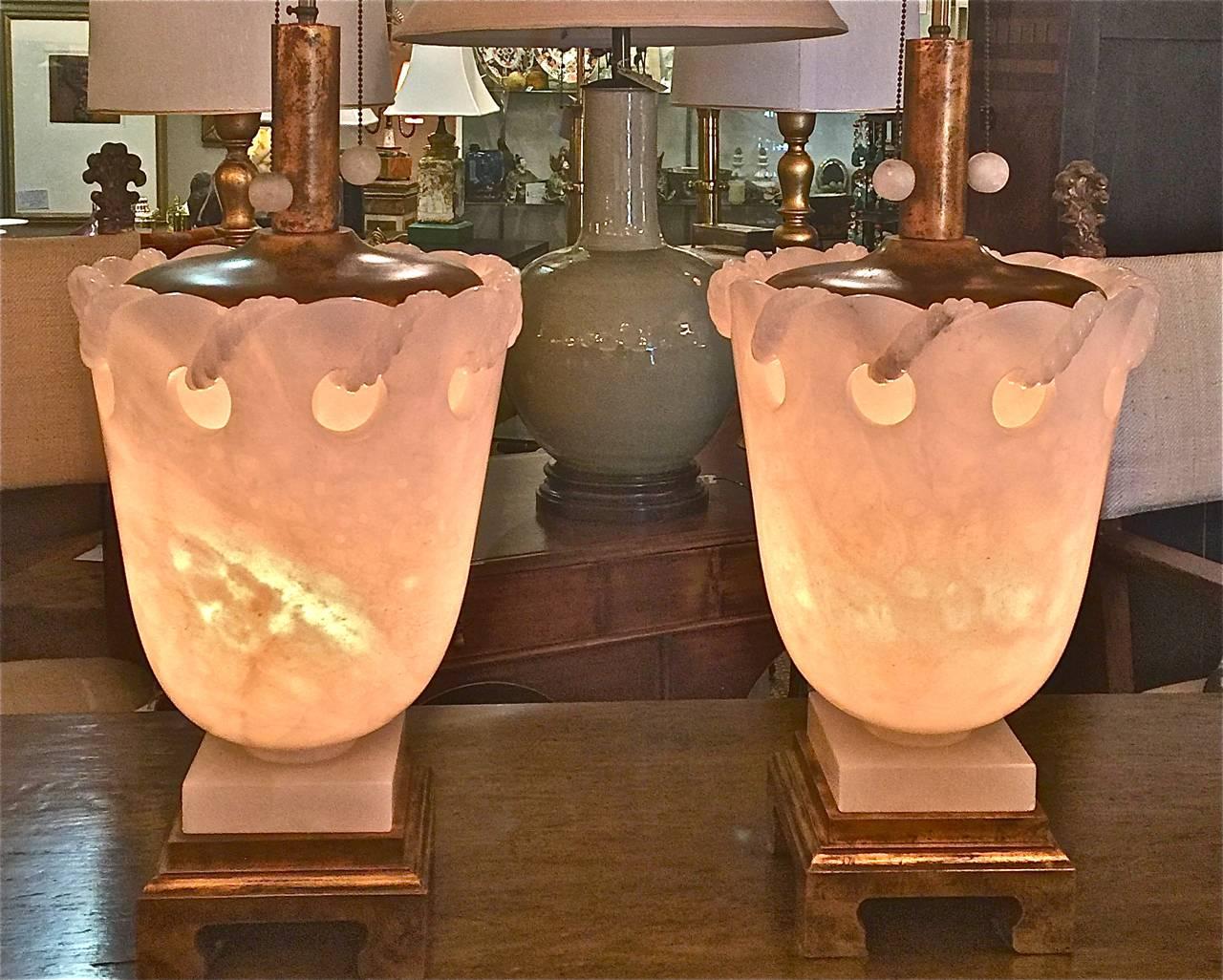 Monumental Pair of Alabaster Marbro Lamps with 24-Karat Gold Leaf 3