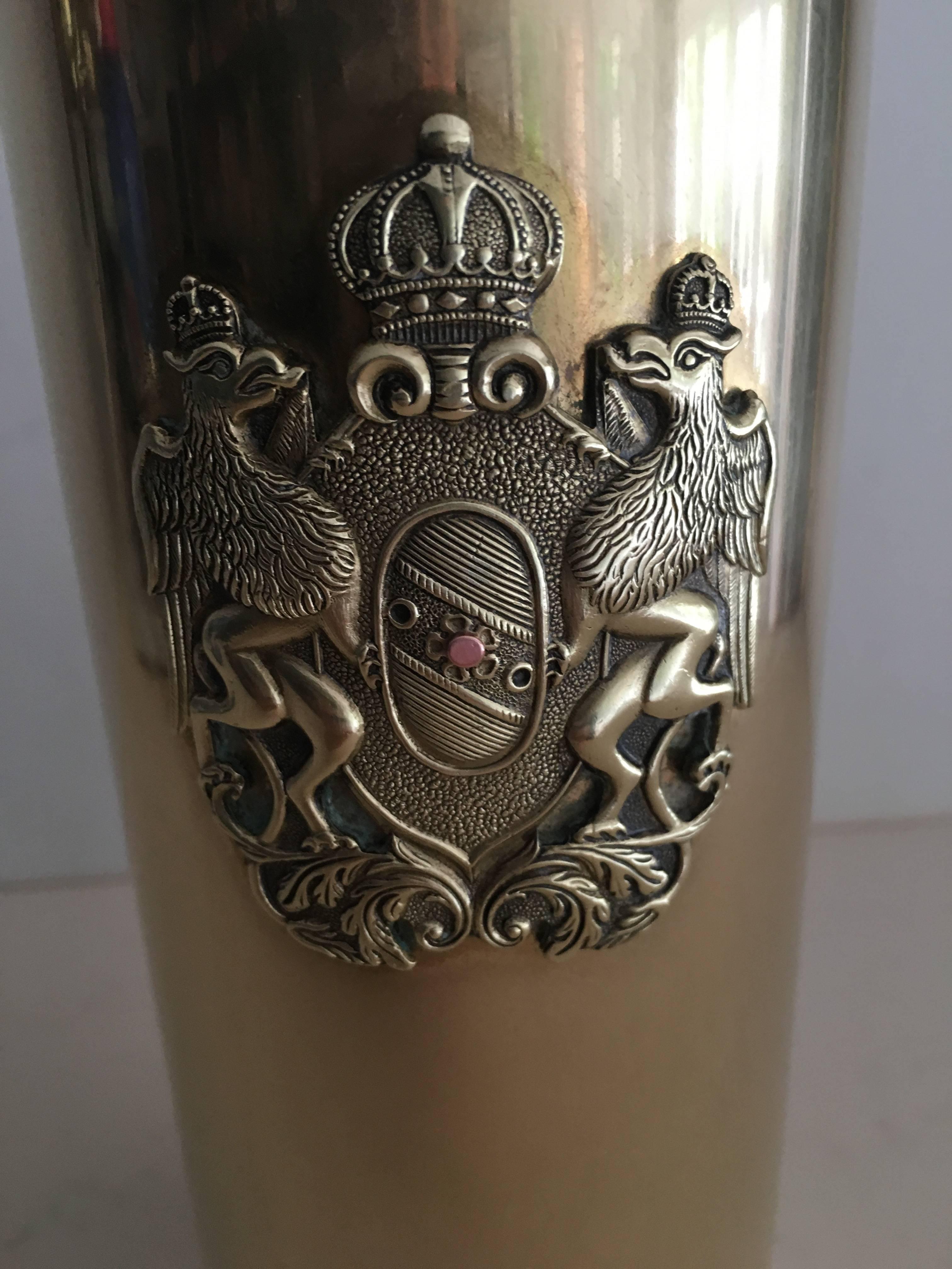 Italian brass canister with crest and wooden top - perfect for storage, or decorative piece in office or den... store your prized English tea too!