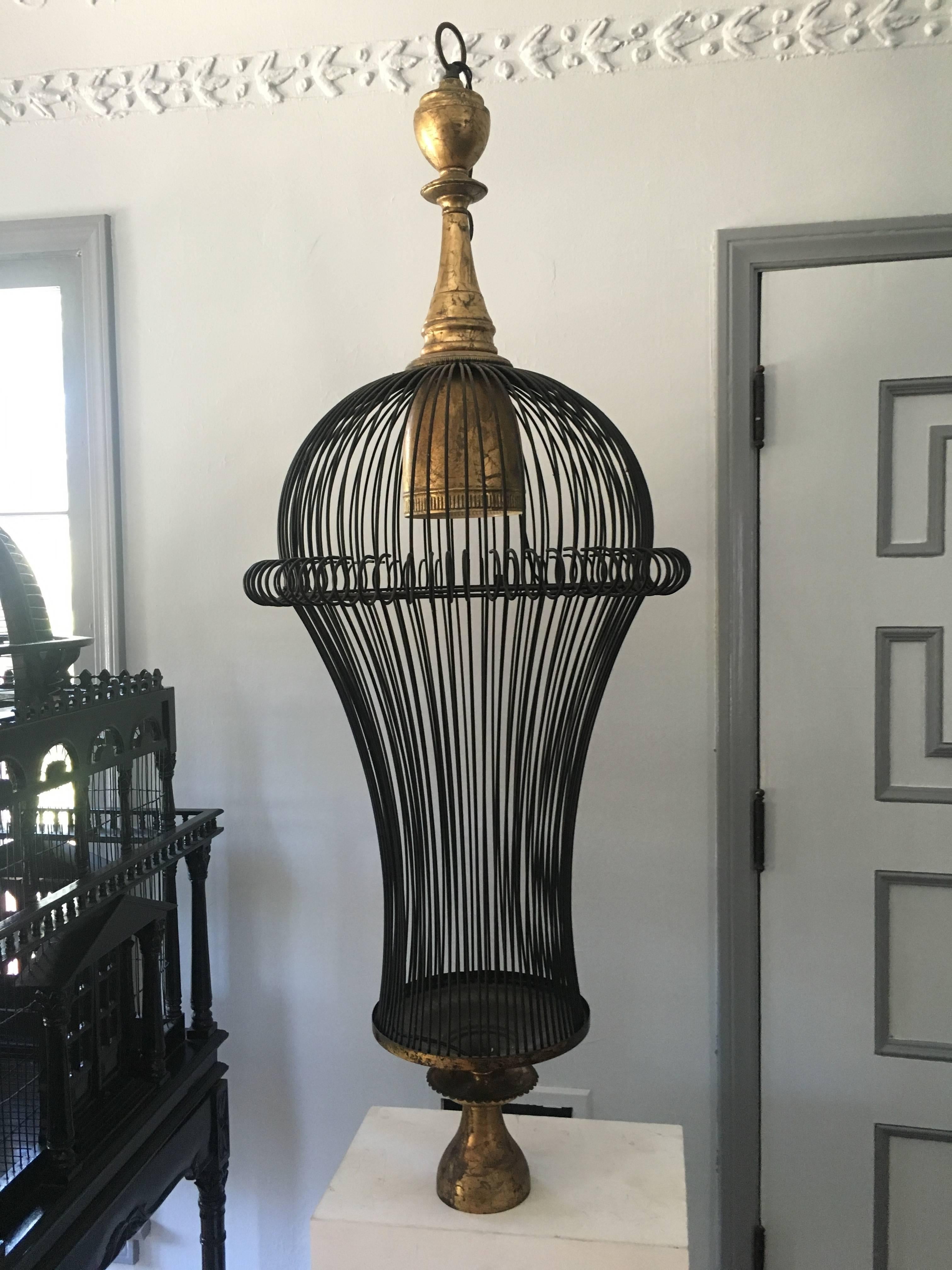 Patinated Beautiful Cage Style Modern Chandelier with Gilt Metal Details For Sale