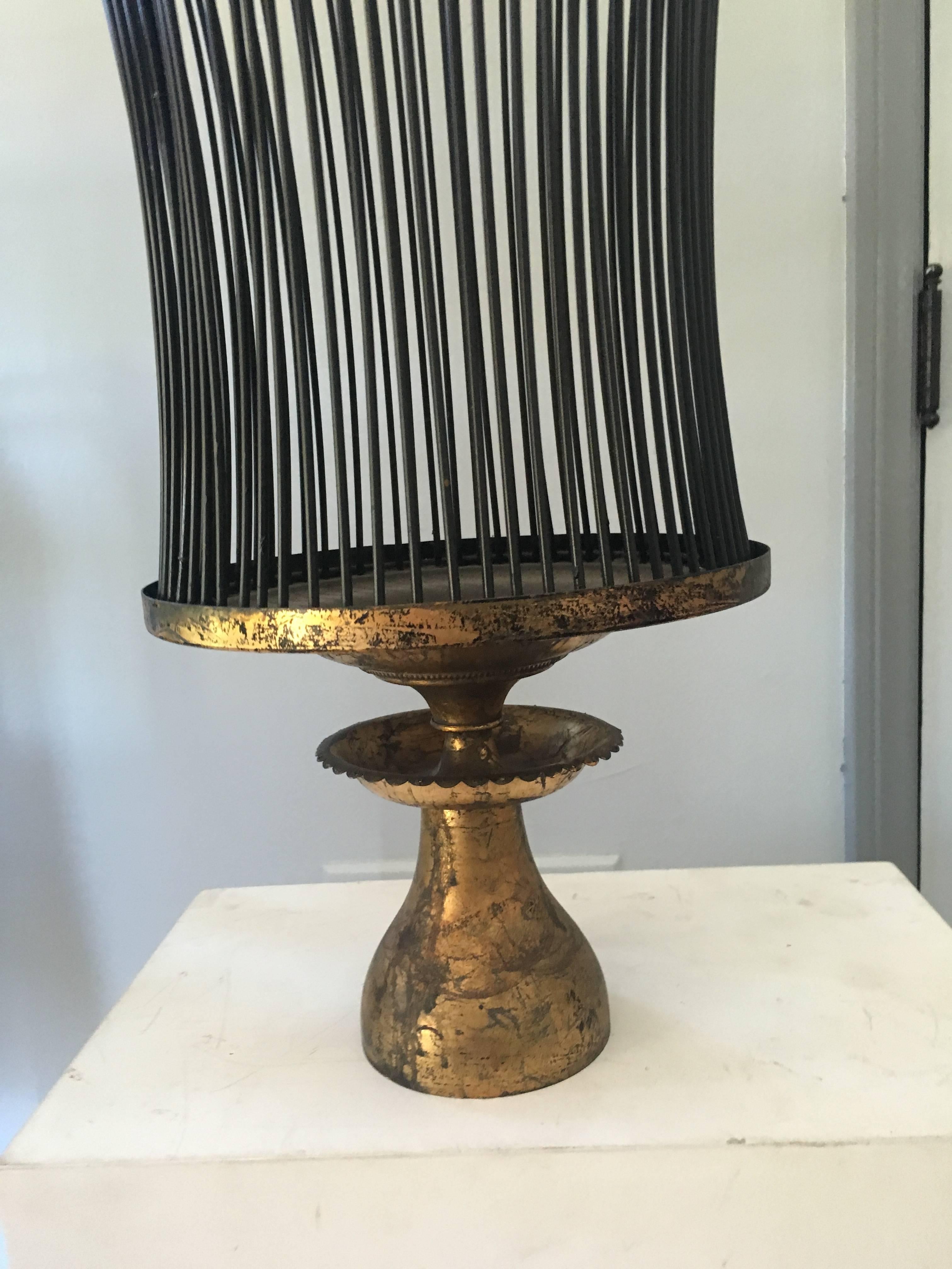 Beautiful Cage Style Modern Chandelier with Gilt Metal Details In Good Condition For Sale In Los Angeles, CA
