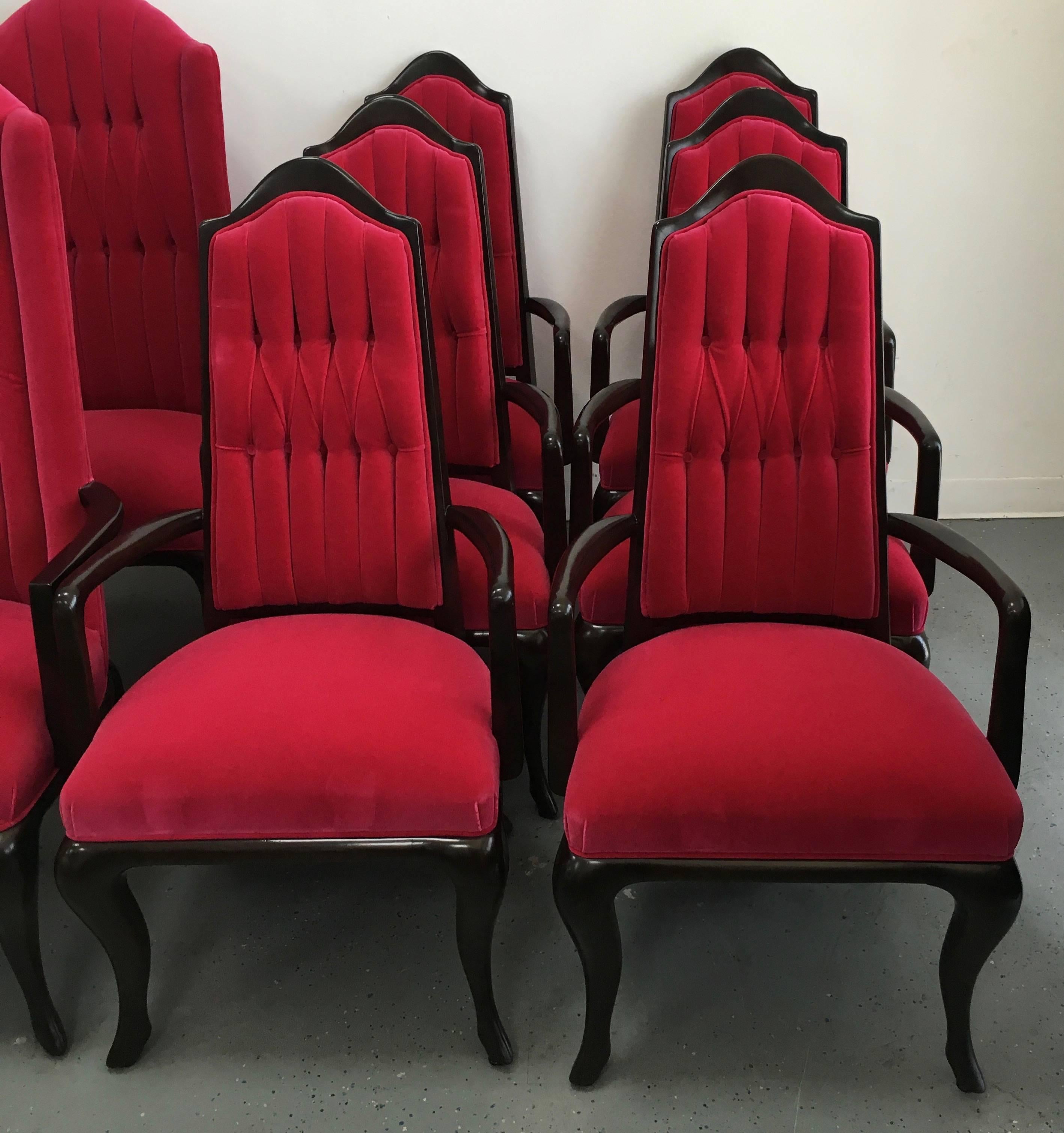 Set of eight dining chairs consists of two captains and four dining chairs, beautiful and very comfortable chairs suited perfectly for the dining room or conference room. Solid mahogany with a satin finish, stunning, for the dinner guests you want