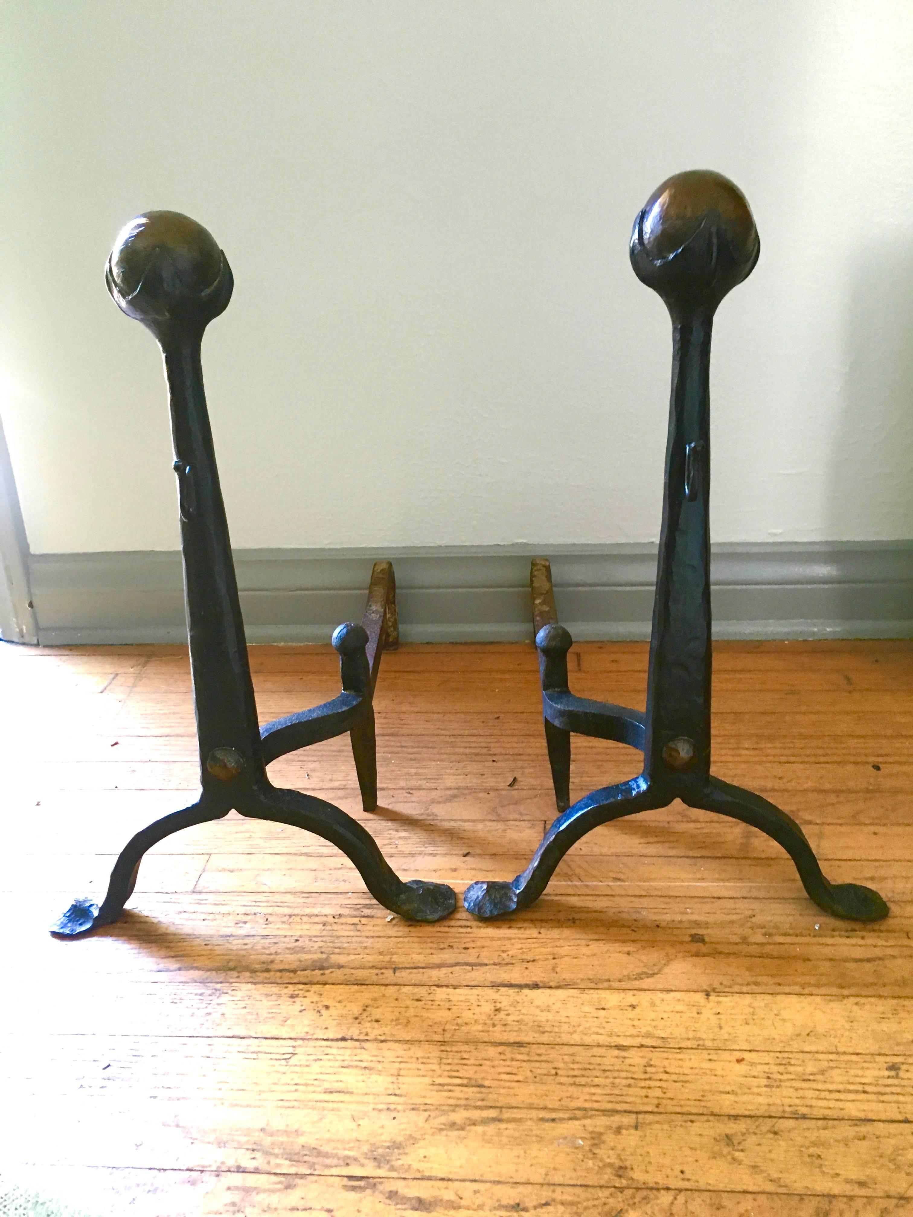 Pair of Hand-Forged Iron and Bronze Arts & Crafts Andirons In Excellent Condition In Los Angeles, CA