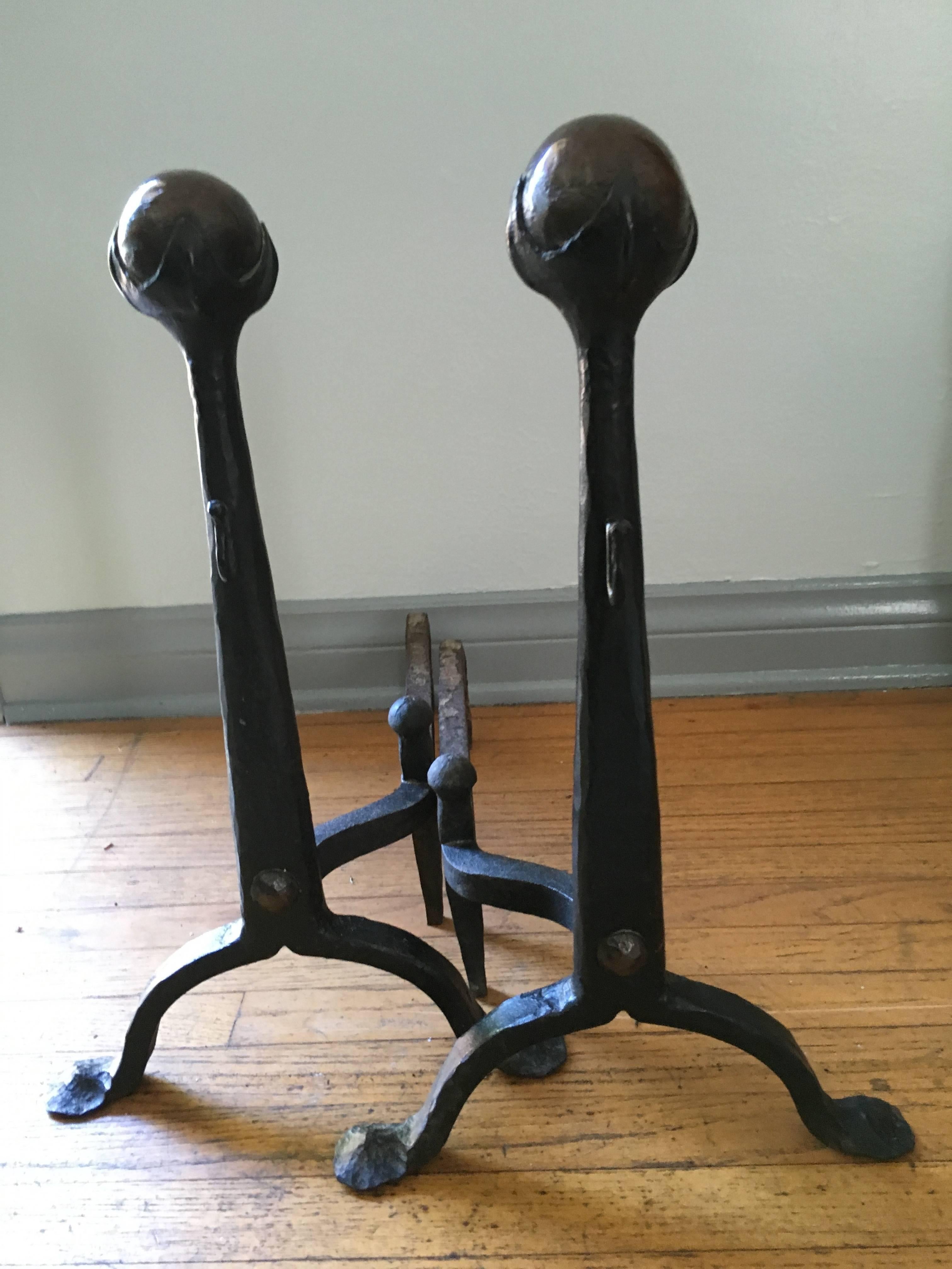 American Pair of Hand-Forged Iron and Bronze Arts & Crafts Andirons