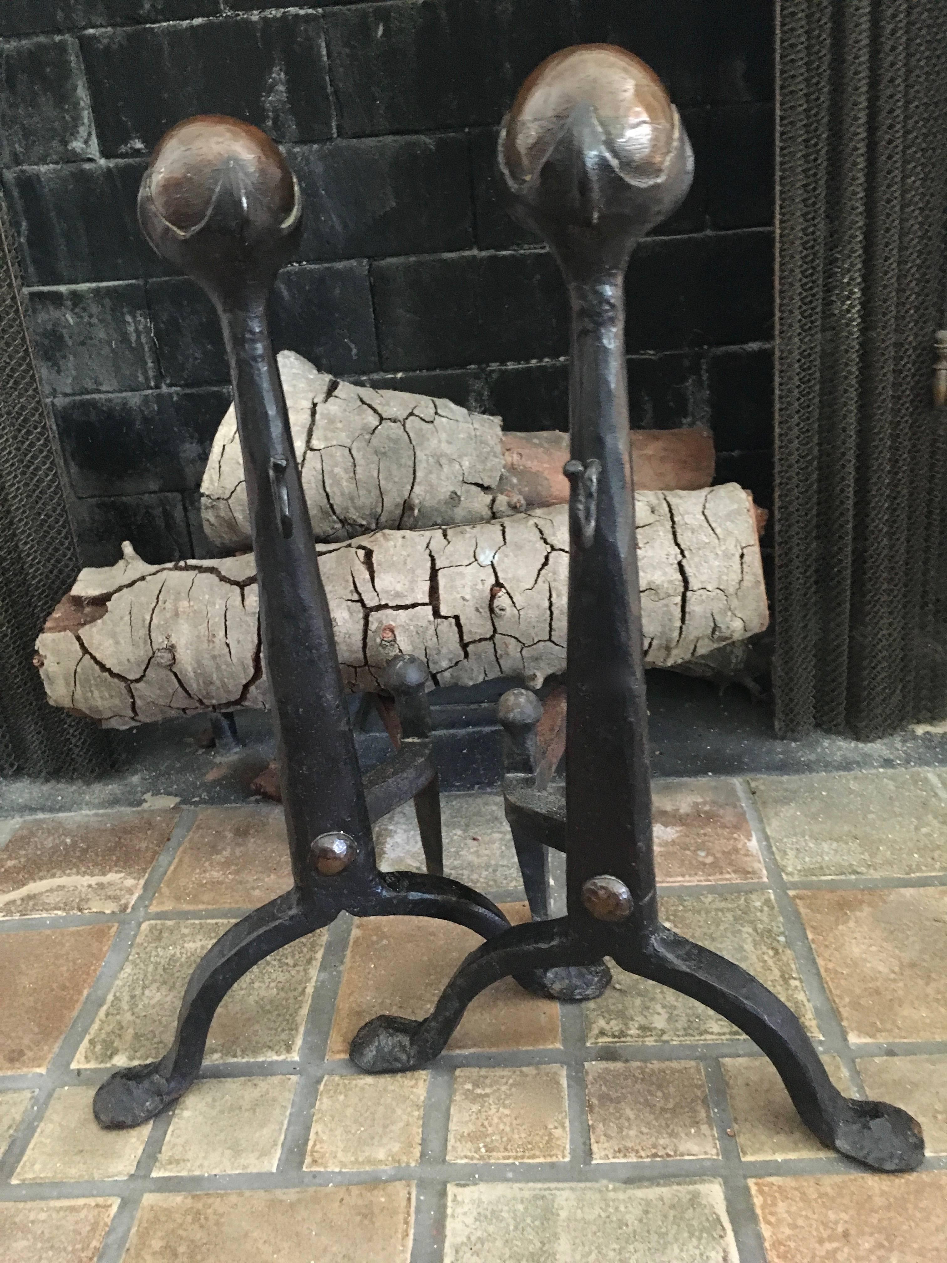 20th Century Pair of Hand-Forged Iron and Bronze Arts & Crafts Andirons