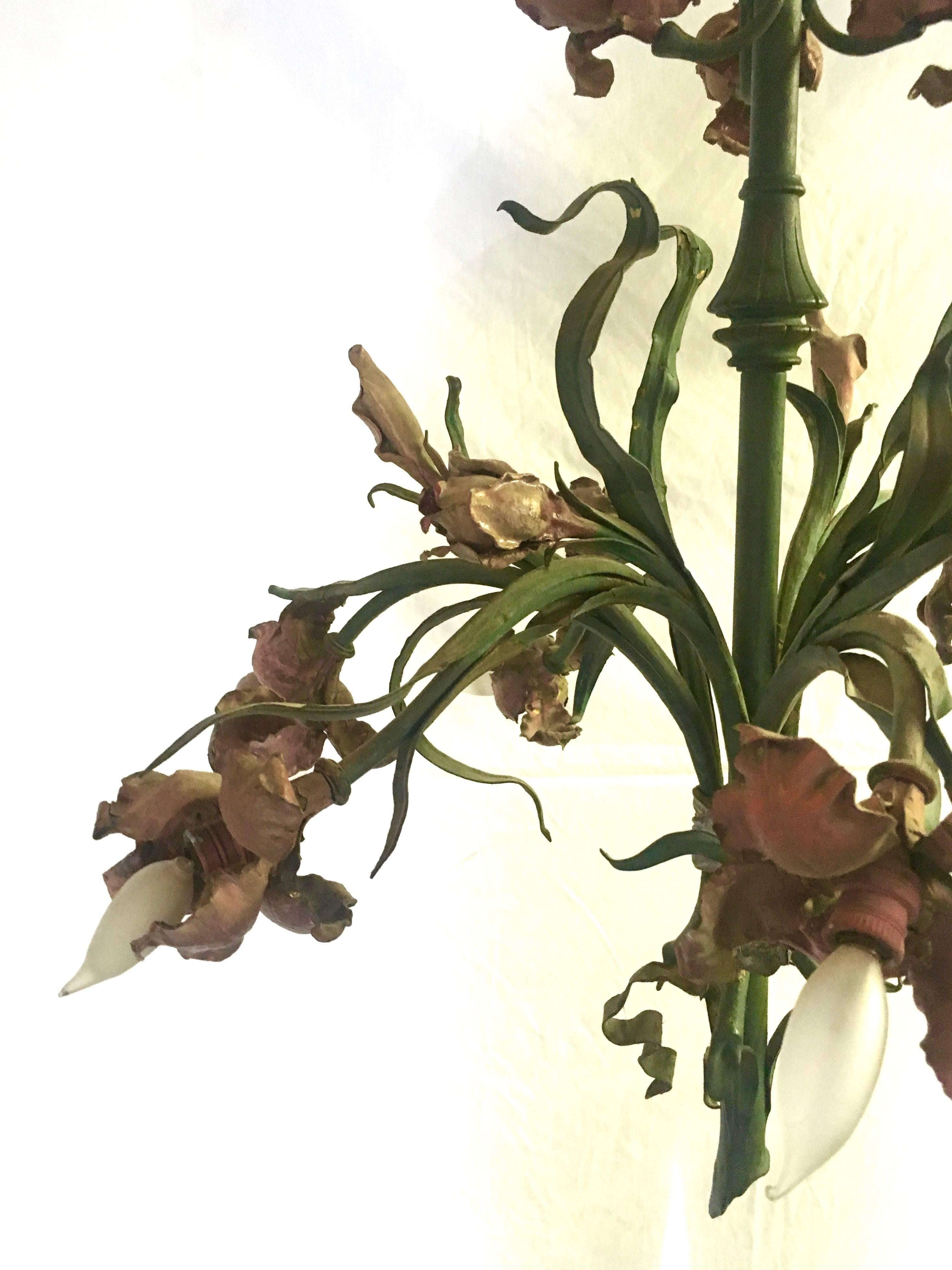 20th Century French Art Nouveau Painted Iris Tole Chandelier