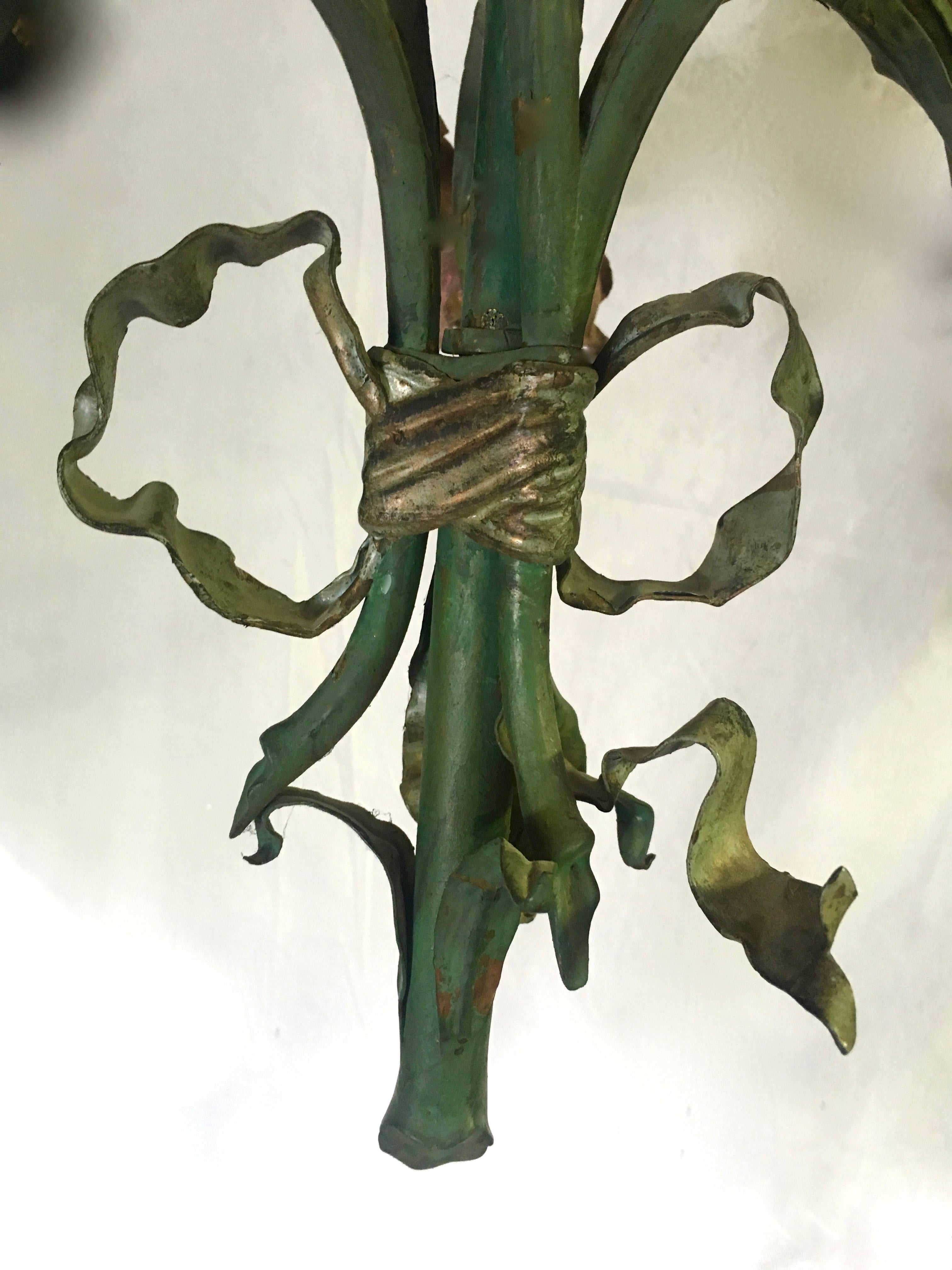 French Art Nouveau Painted Iris Tole Chandelier 3