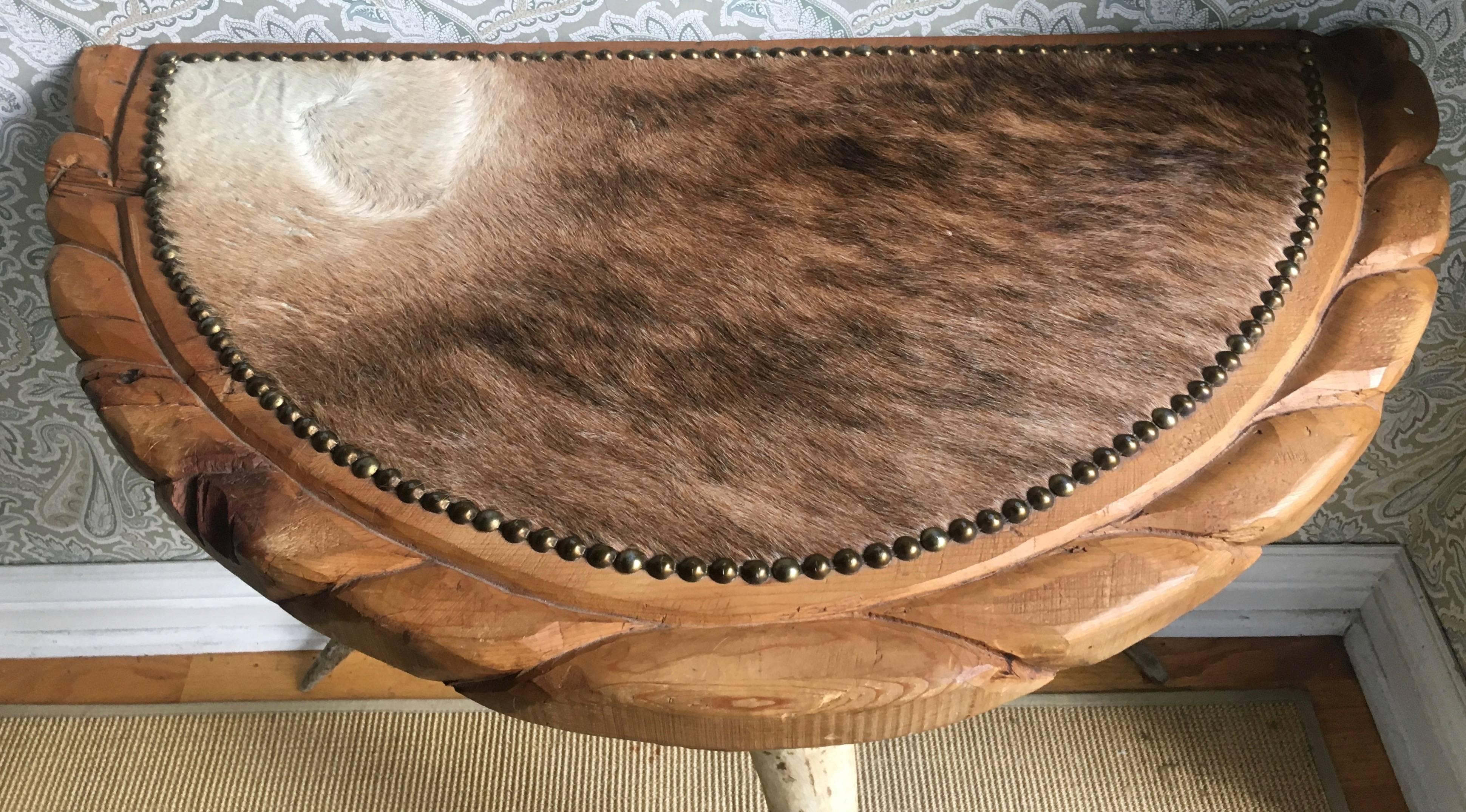 American Demilune Antler Folk Art Table with Hide and Nailhead Top