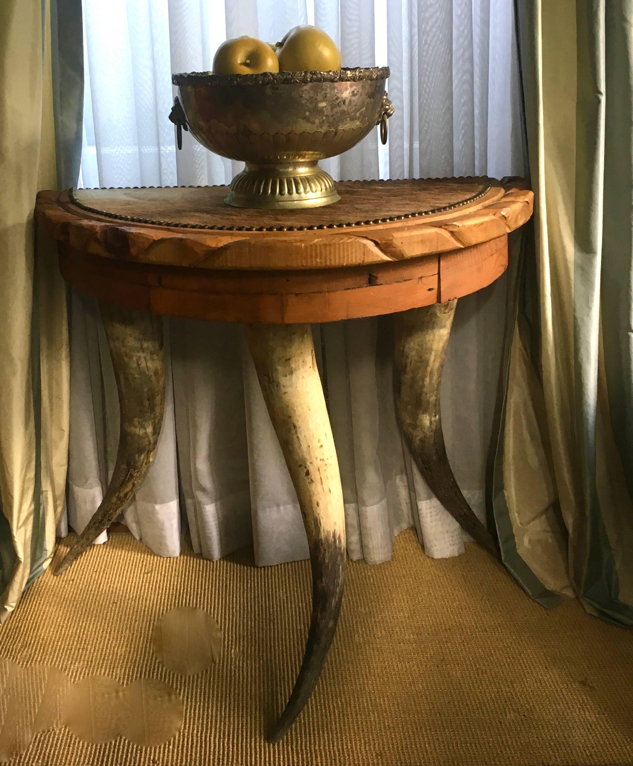Demilune Antler Folk Art Table with Hide and Nailhead Top In Excellent Condition In Los Angeles, CA