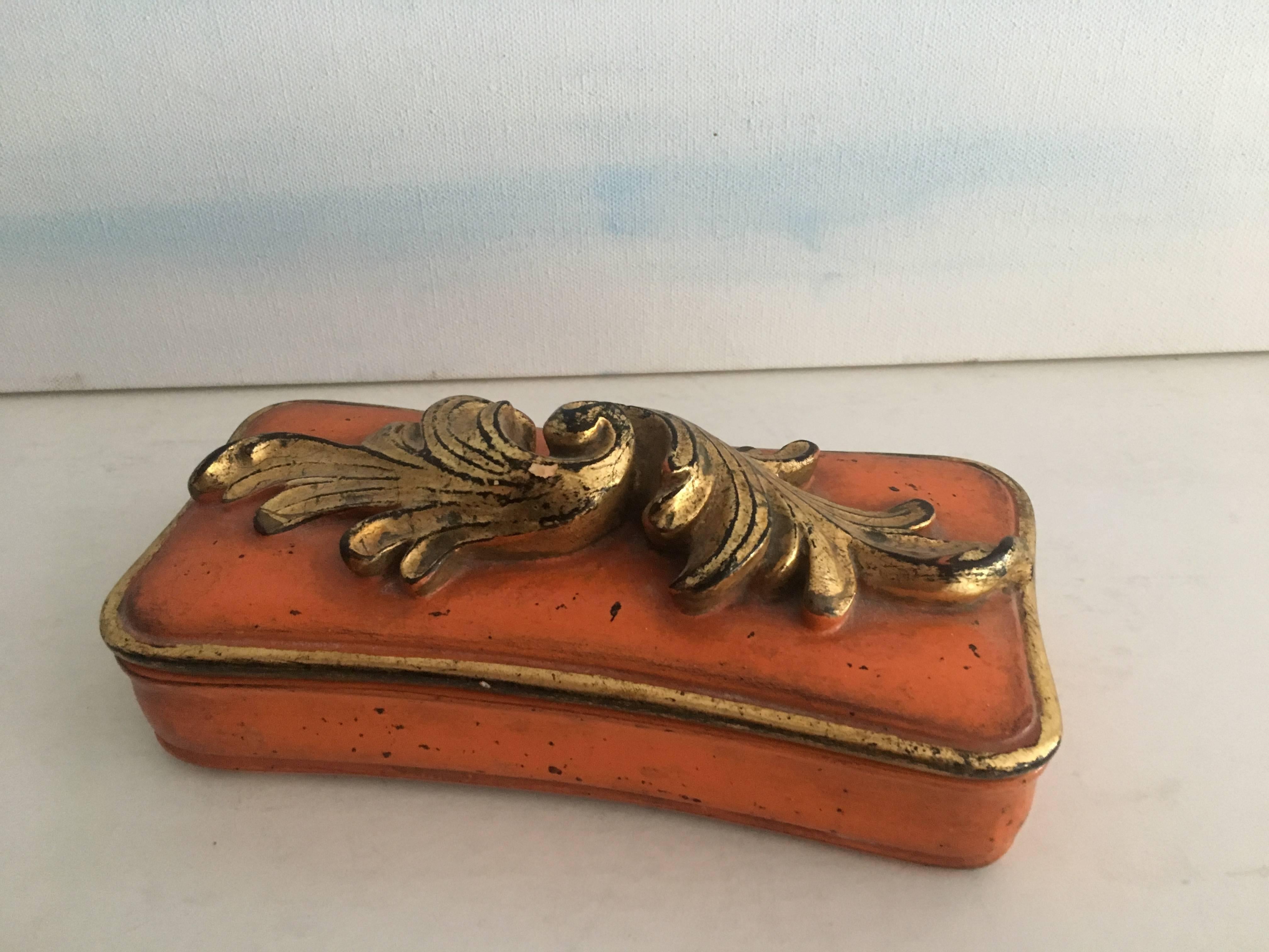 Stunning Borghese ceramic jewel box for the vanity or dressing table. Gilt trim and patinated Borghese Orange. A great gift for the perfect lady!
