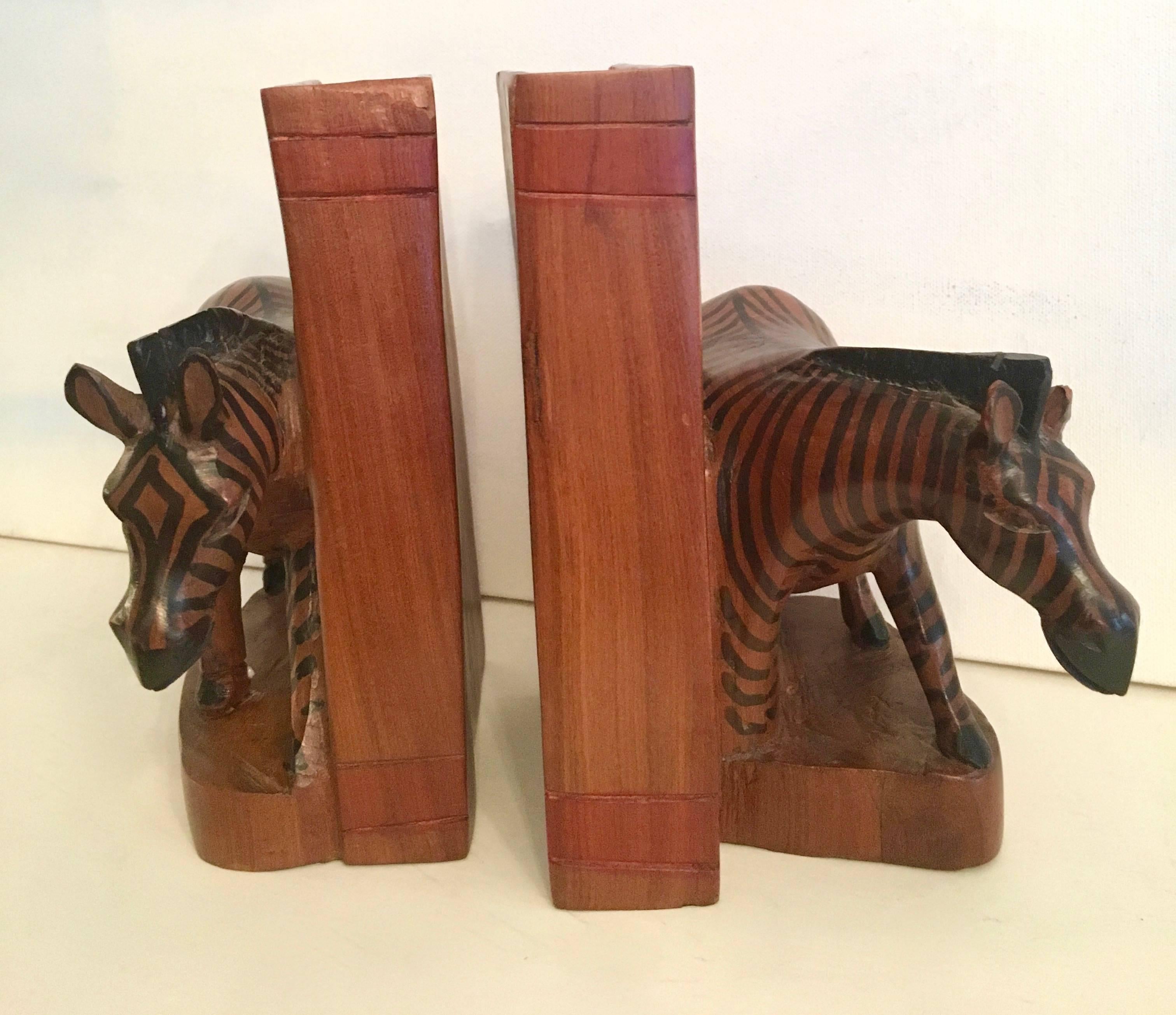Kenyan Pair of Hand-Carved Zebra Bookends from Kenya