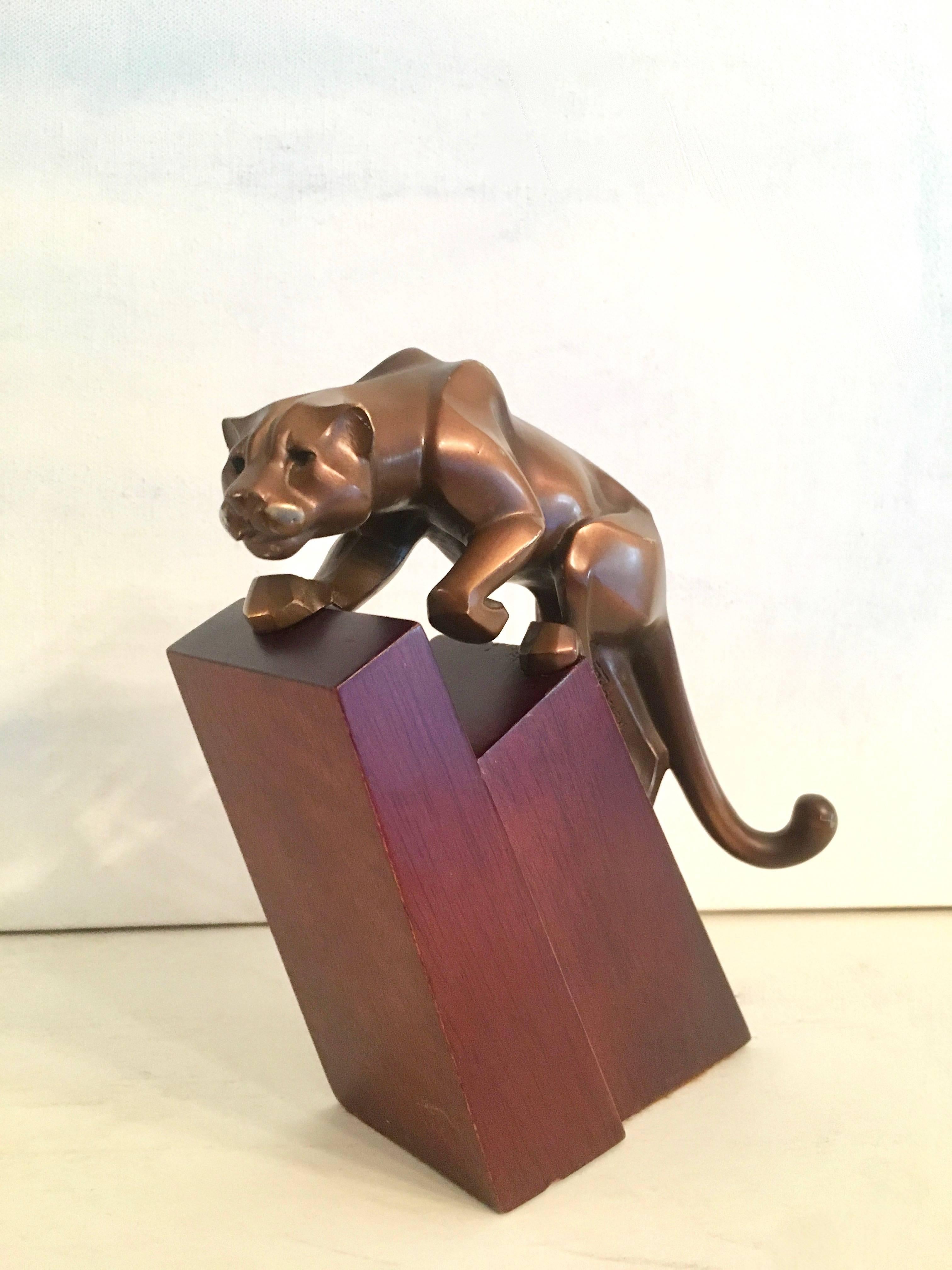 Mid-Century Modern Sculptural Bookend Bronze Climbing Jaguar