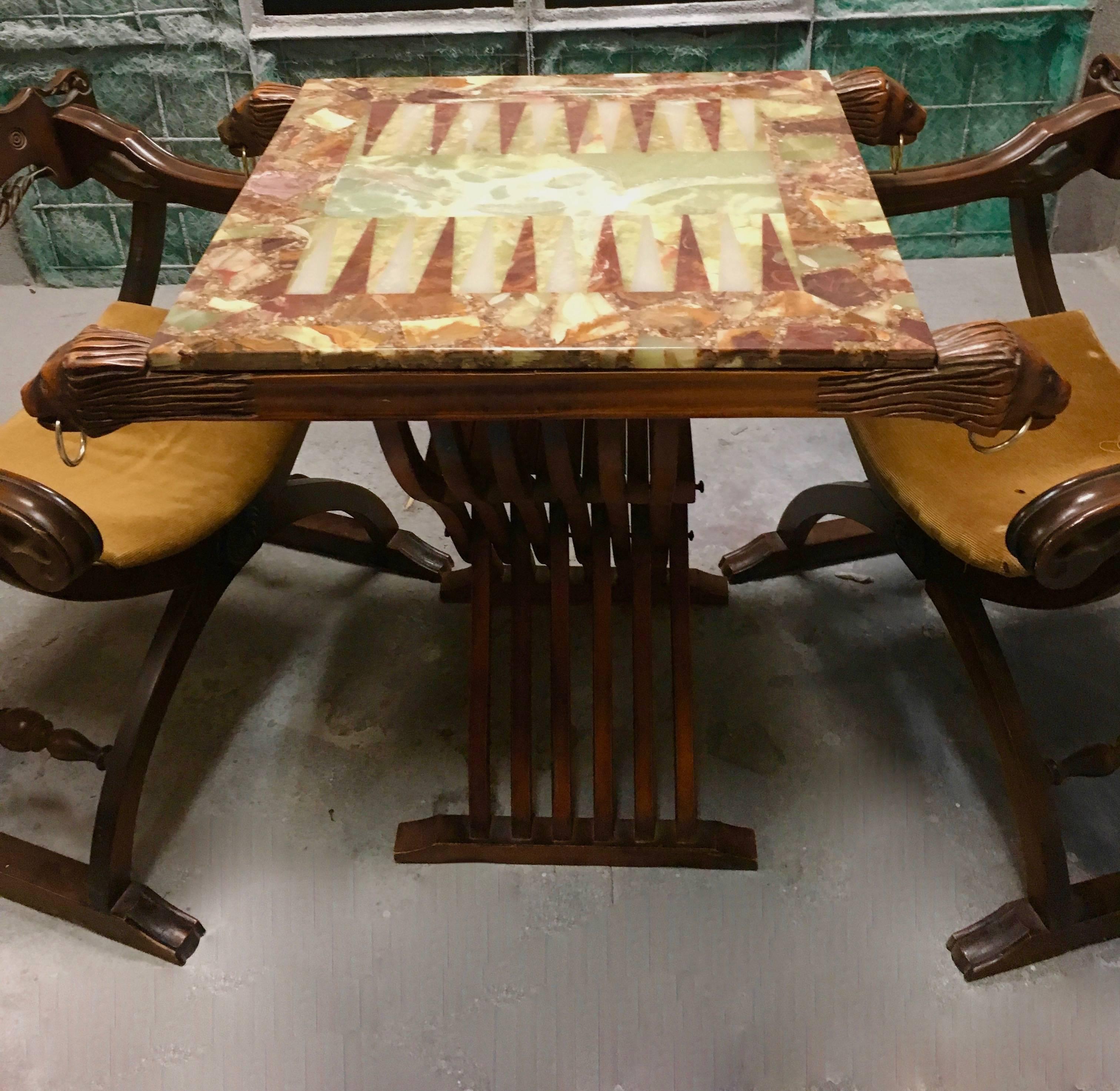 Pair Of Savonarola Chairs And Slatted Folding Table With Onyx Pair Of Savonarola Chairs And Slatted Folding Table With Onyx Backgammon Board For At 1stdibs