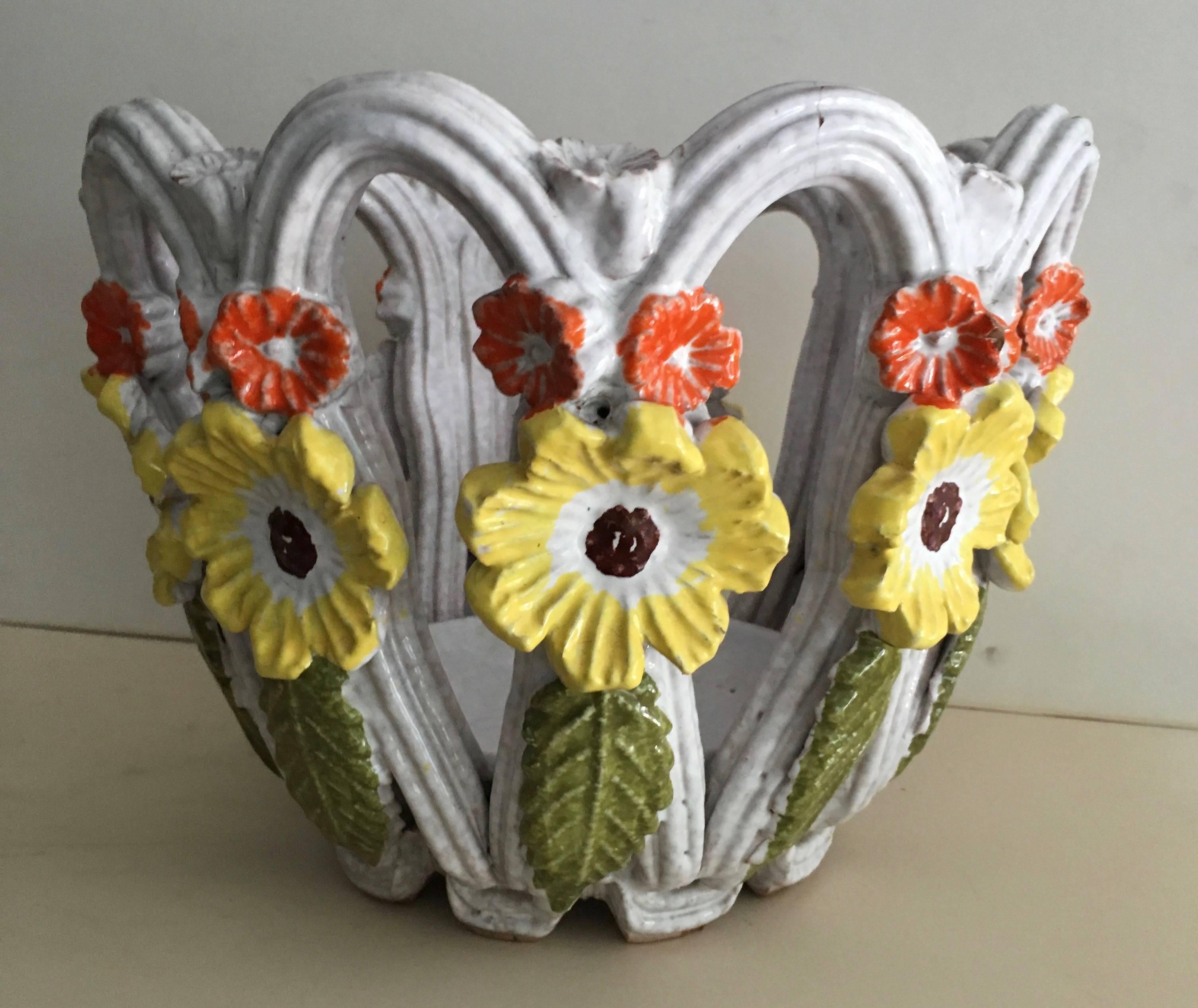 Mid-Century Modern Majolica Open Weave Bowl with Flowers For Sale