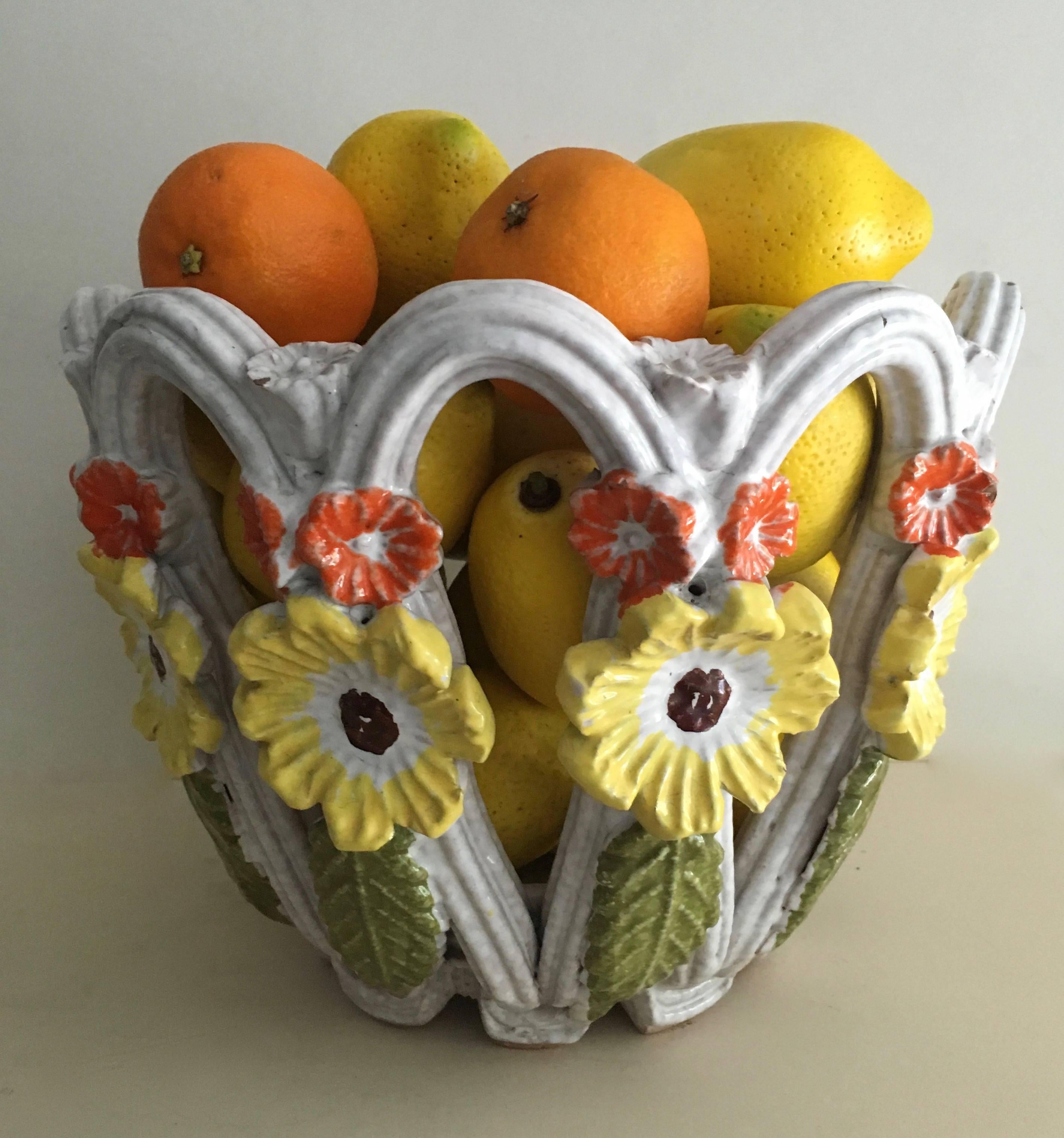 Italian Majolica Open Weave Bowl with Flowers For Sale