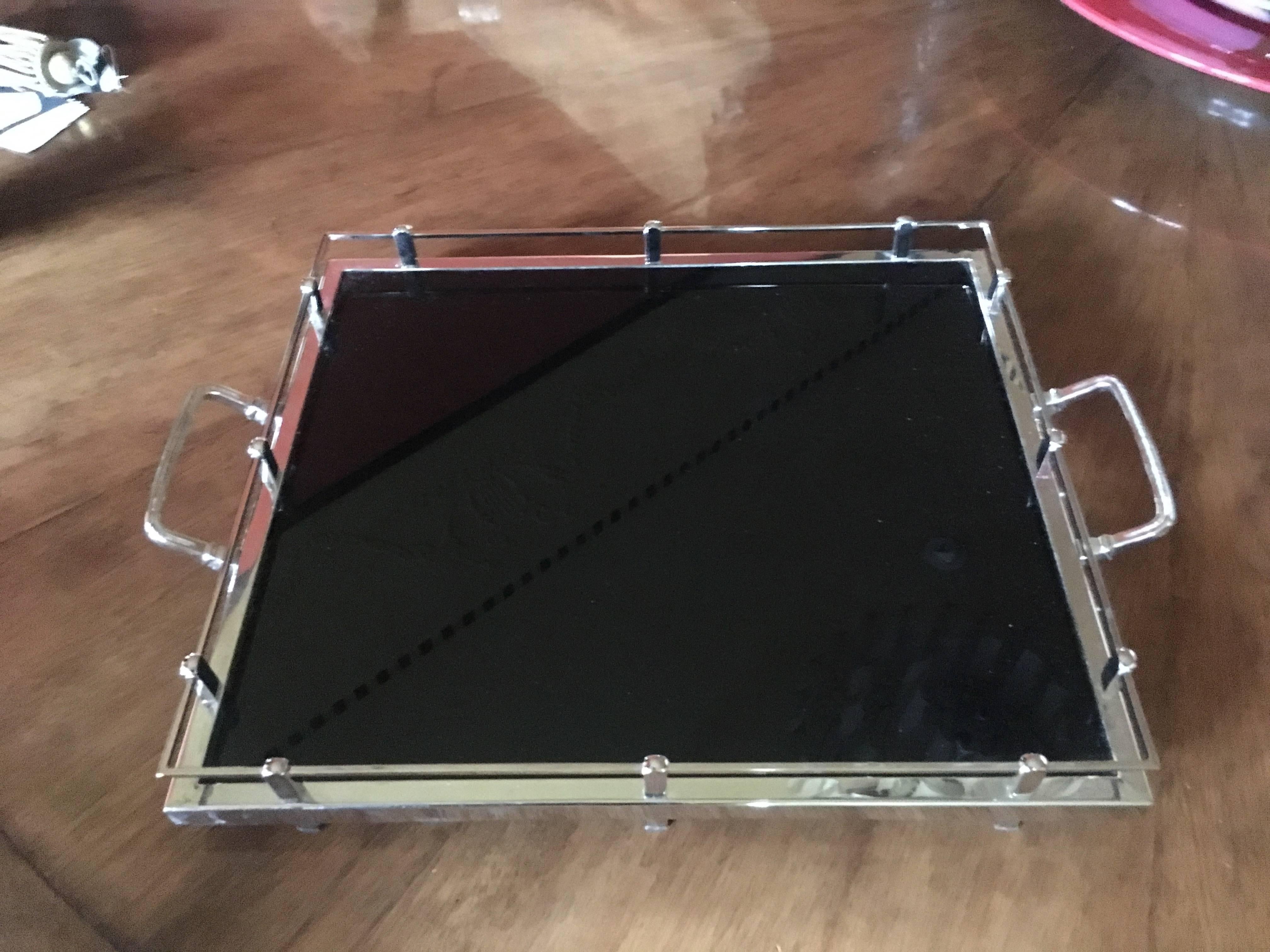 Amsterdam School Modern Black Glass and Silver Plate Tray with Gallery
