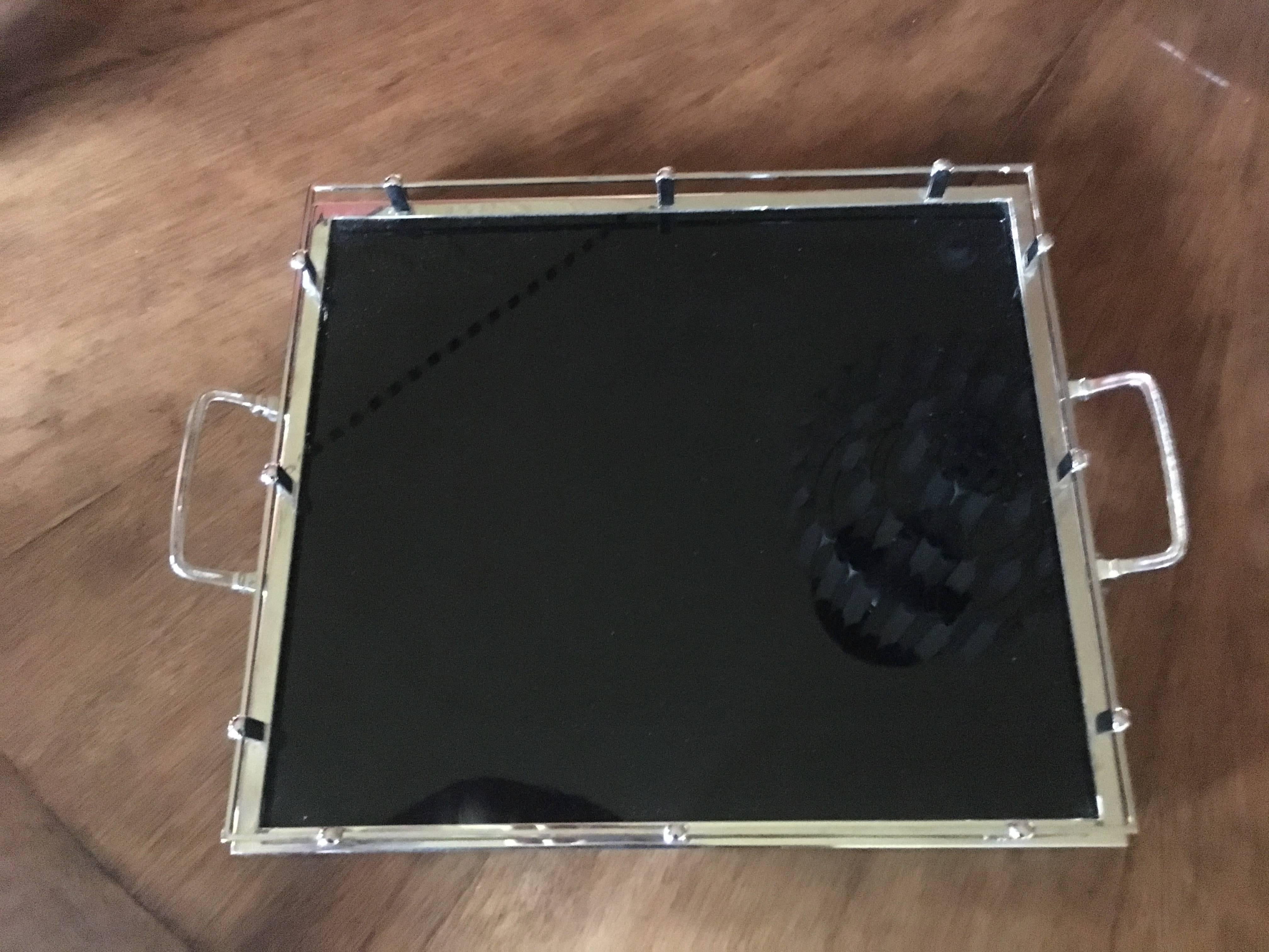 Modern Black Glass and Silver Plate Tray with Gallery In Excellent Condition In Los Angeles, CA