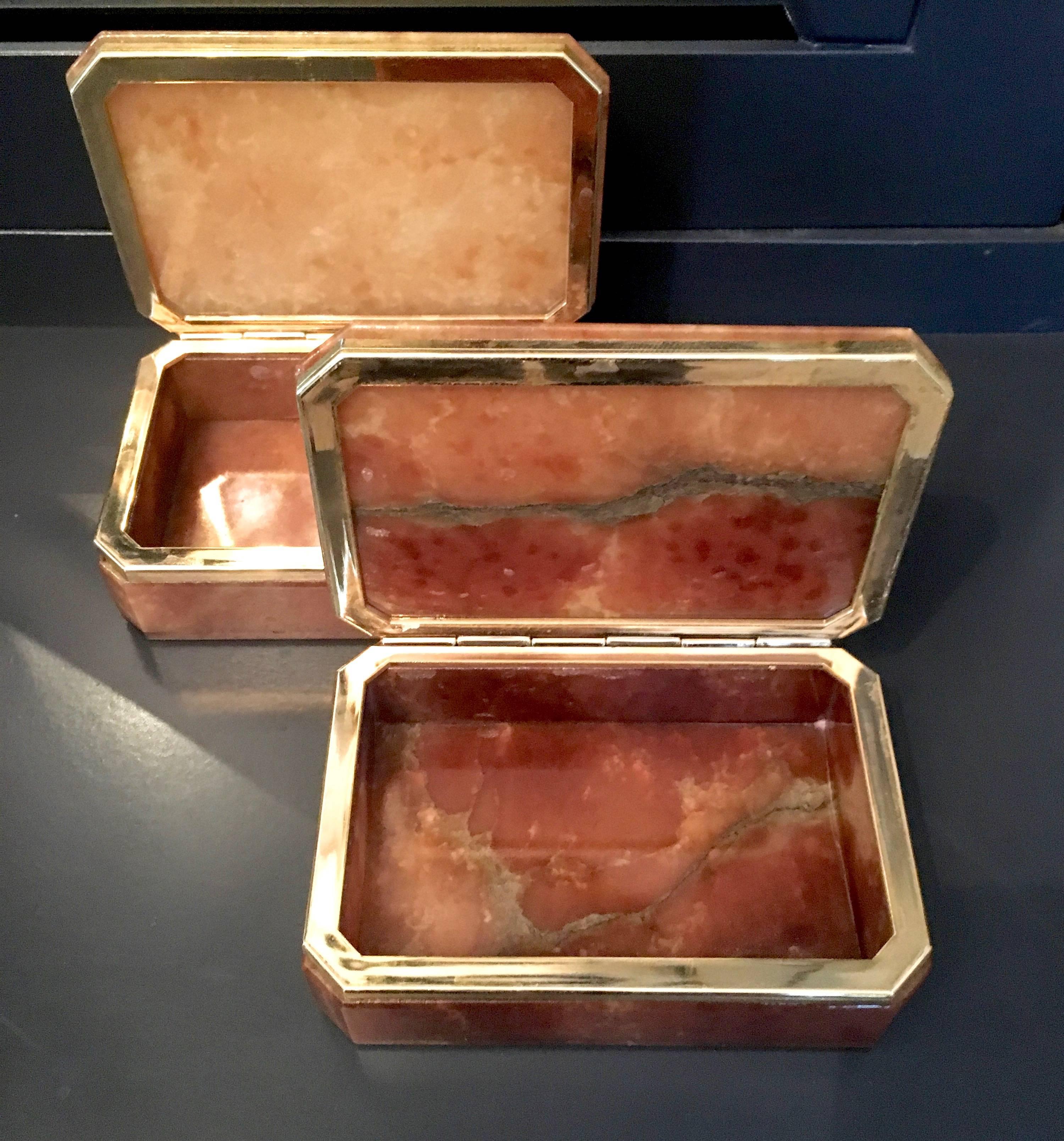Mid-Century Modern Pair of Italian Alabaster Boxes with Brass Trim
