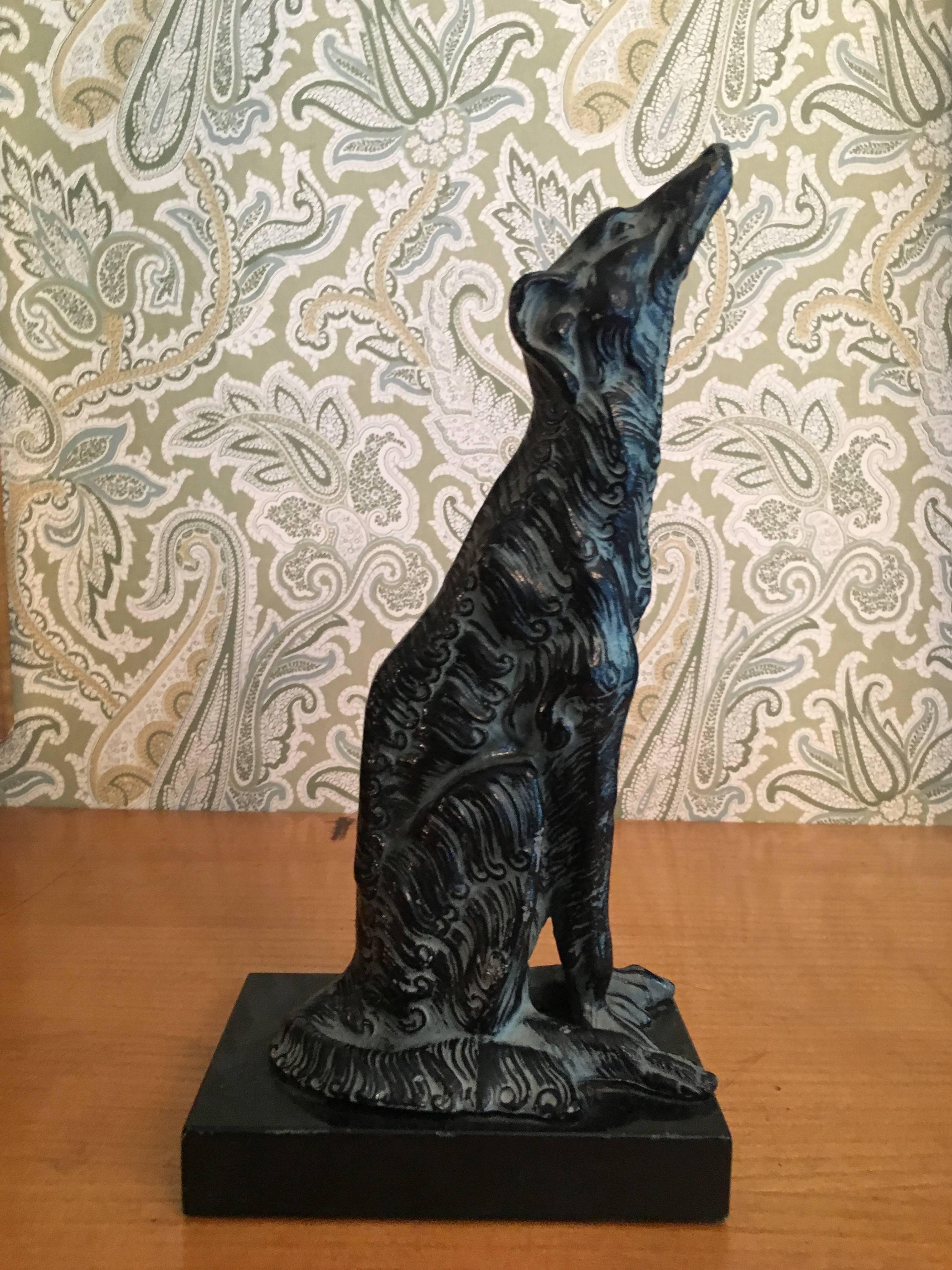 Mid-Century Modern Metal Sculpture of Borzoi Dog on Marble Stand Bookend