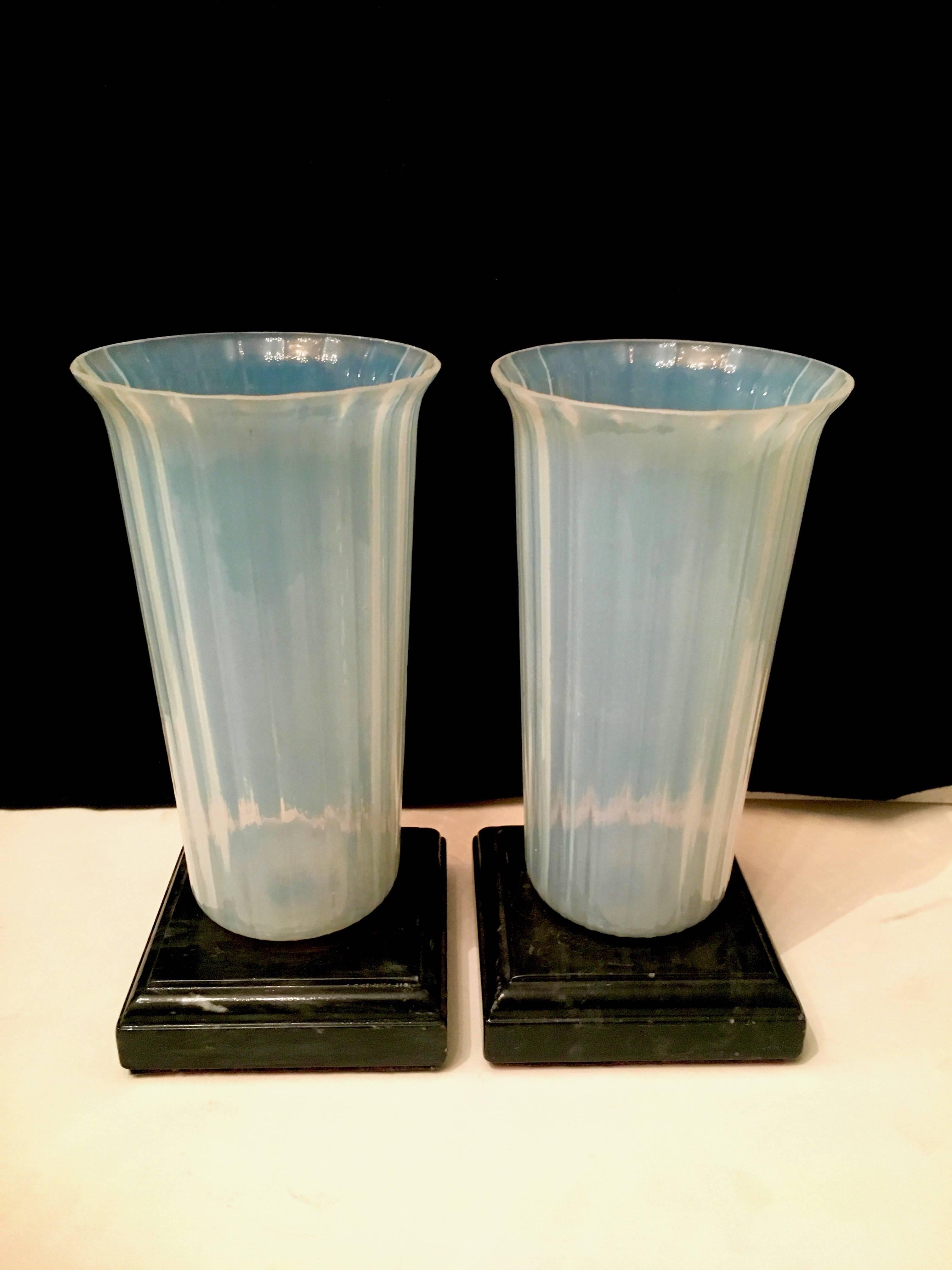 Mid-Century Modern Pair of Opaline Murano Vases on Marble Bases