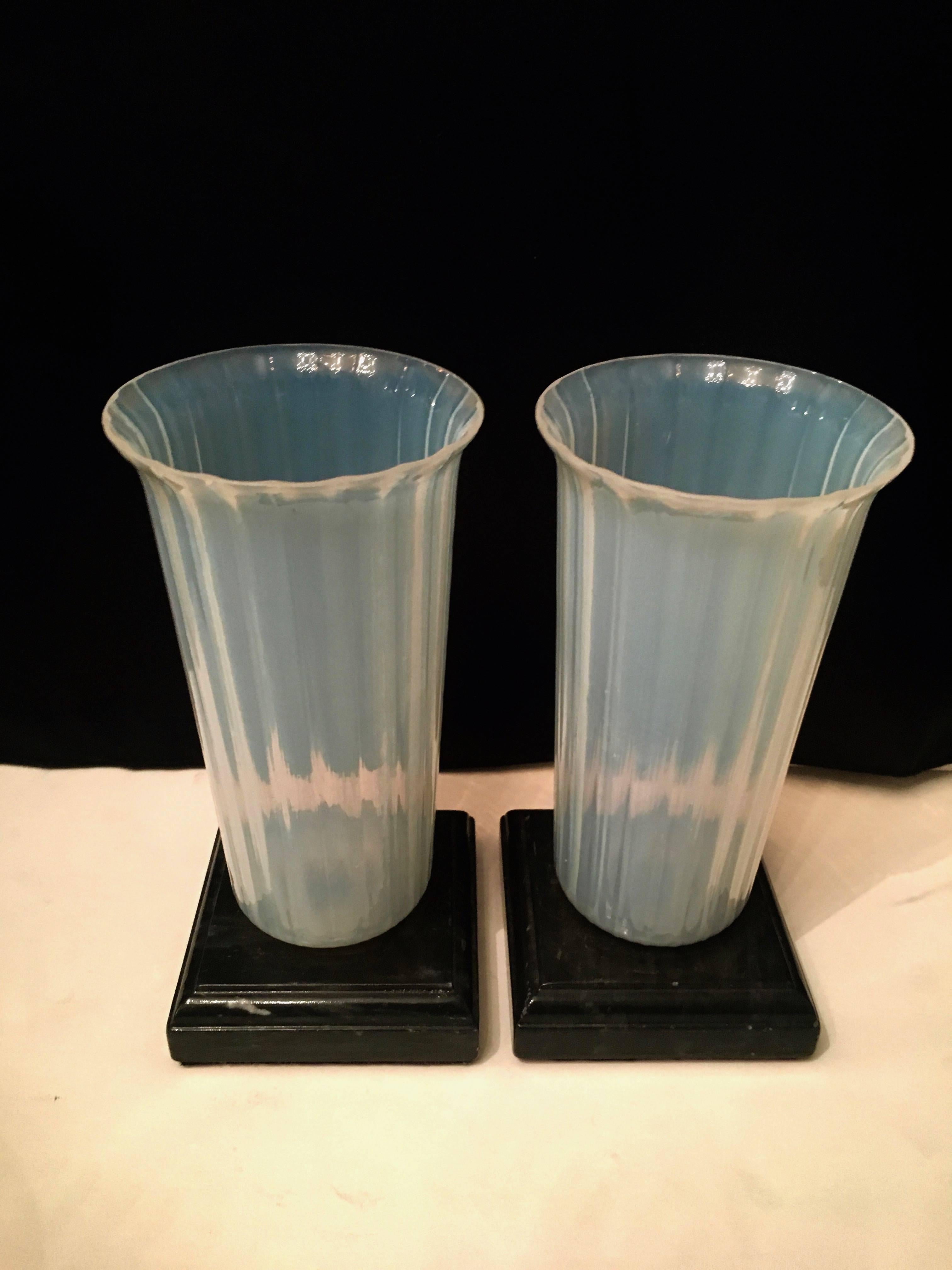 Pair of Opaline Murano Vases on Marble Bases In Excellent Condition In Los Angeles, CA