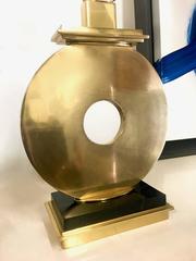 Pair of Large Brass Disc and Lamps with Marble Base