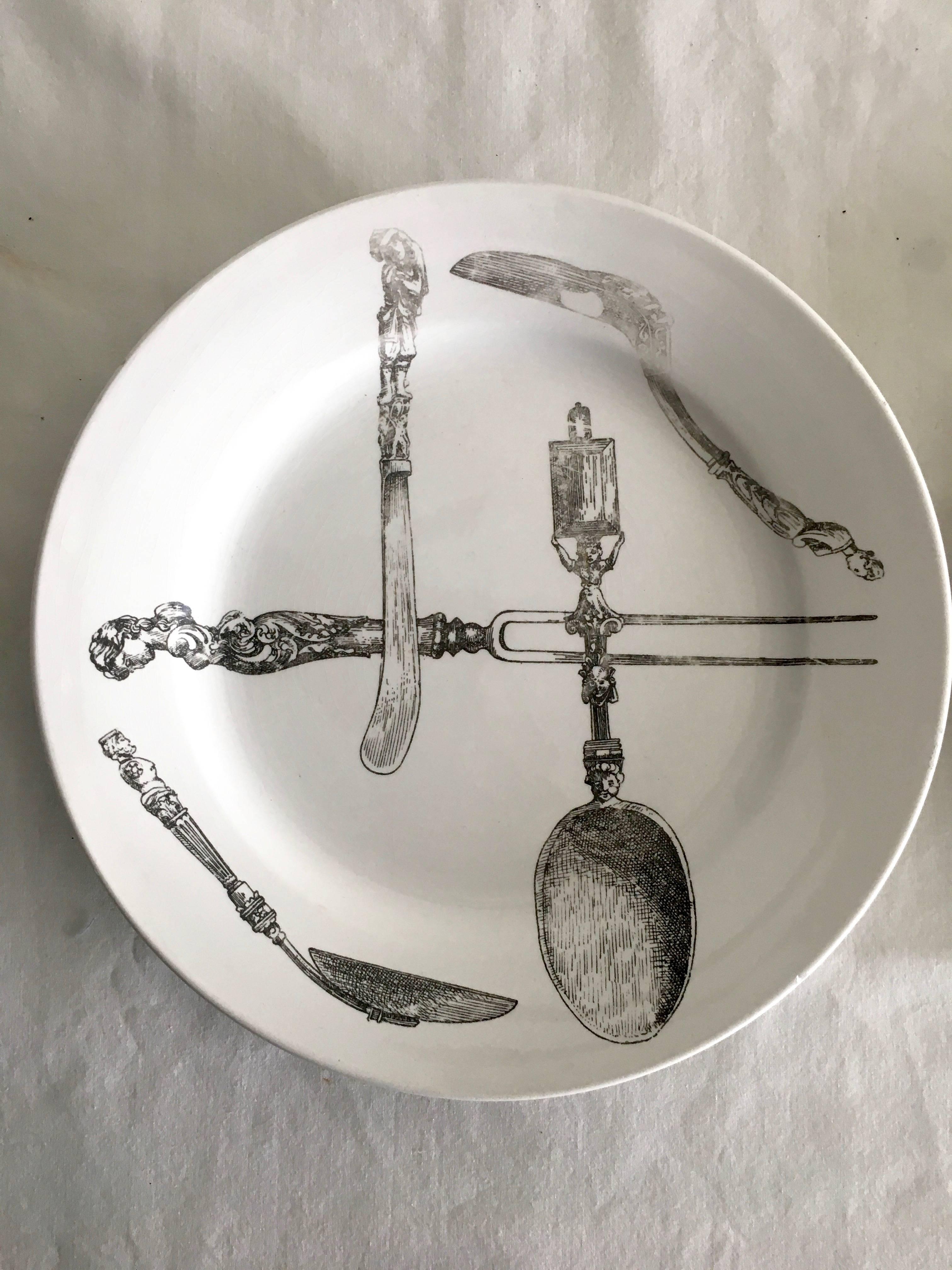 Mid-Century Modern Pair of Rare Fornasetti Italy Plates with Utensils