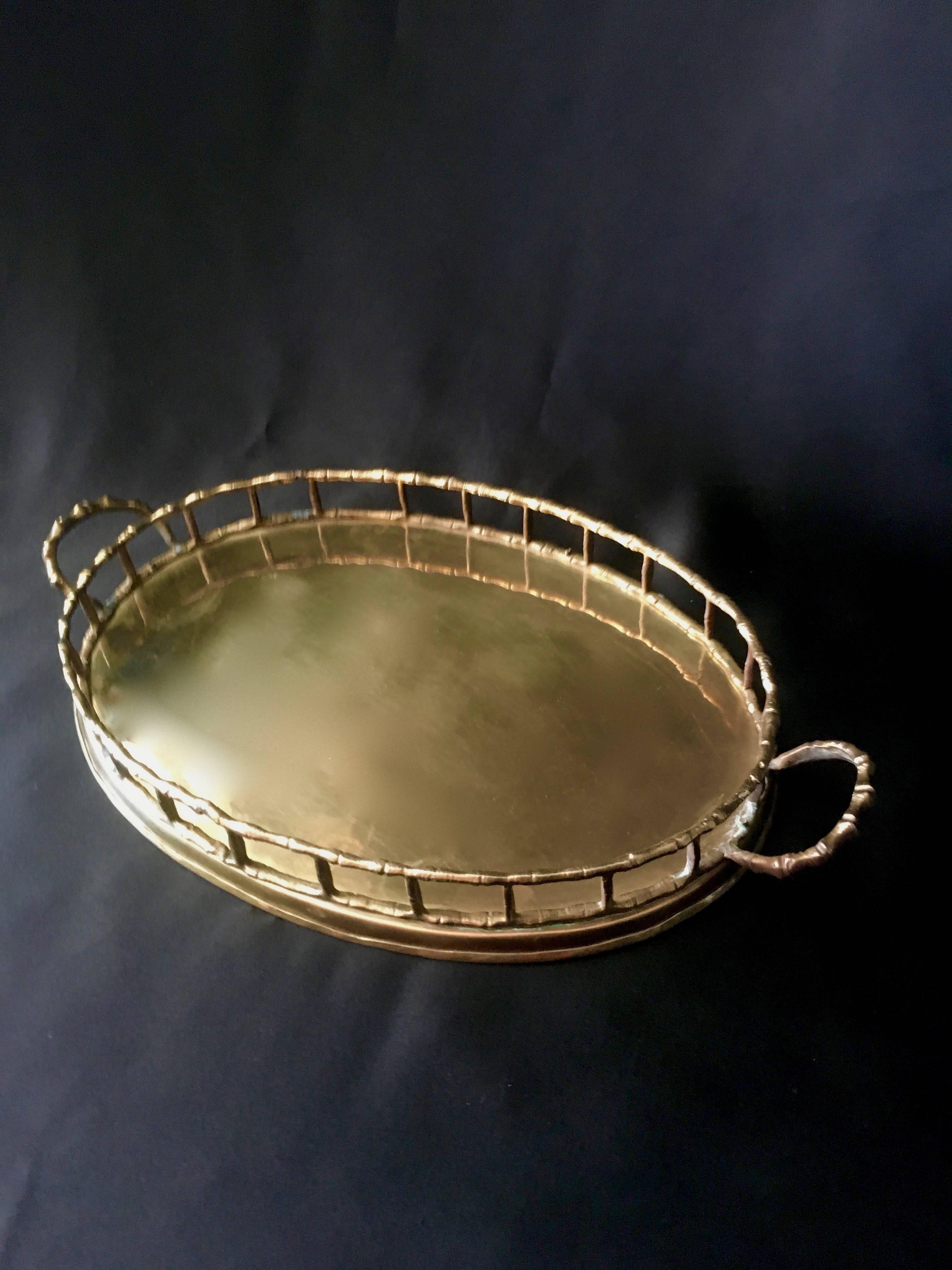 Mid-Century Modern Small Oval Bamboo Brass Tray in the Manner of Ralph Lauren