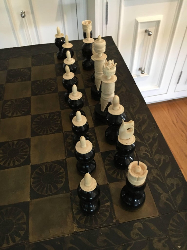 Metal Mexican Chess Board Table with HandCarved Wooden Chess Men at