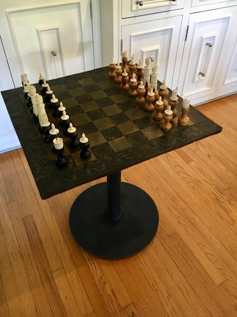 Metal Mexican Chess Board Table with HandCarved Wooden Chess Men at