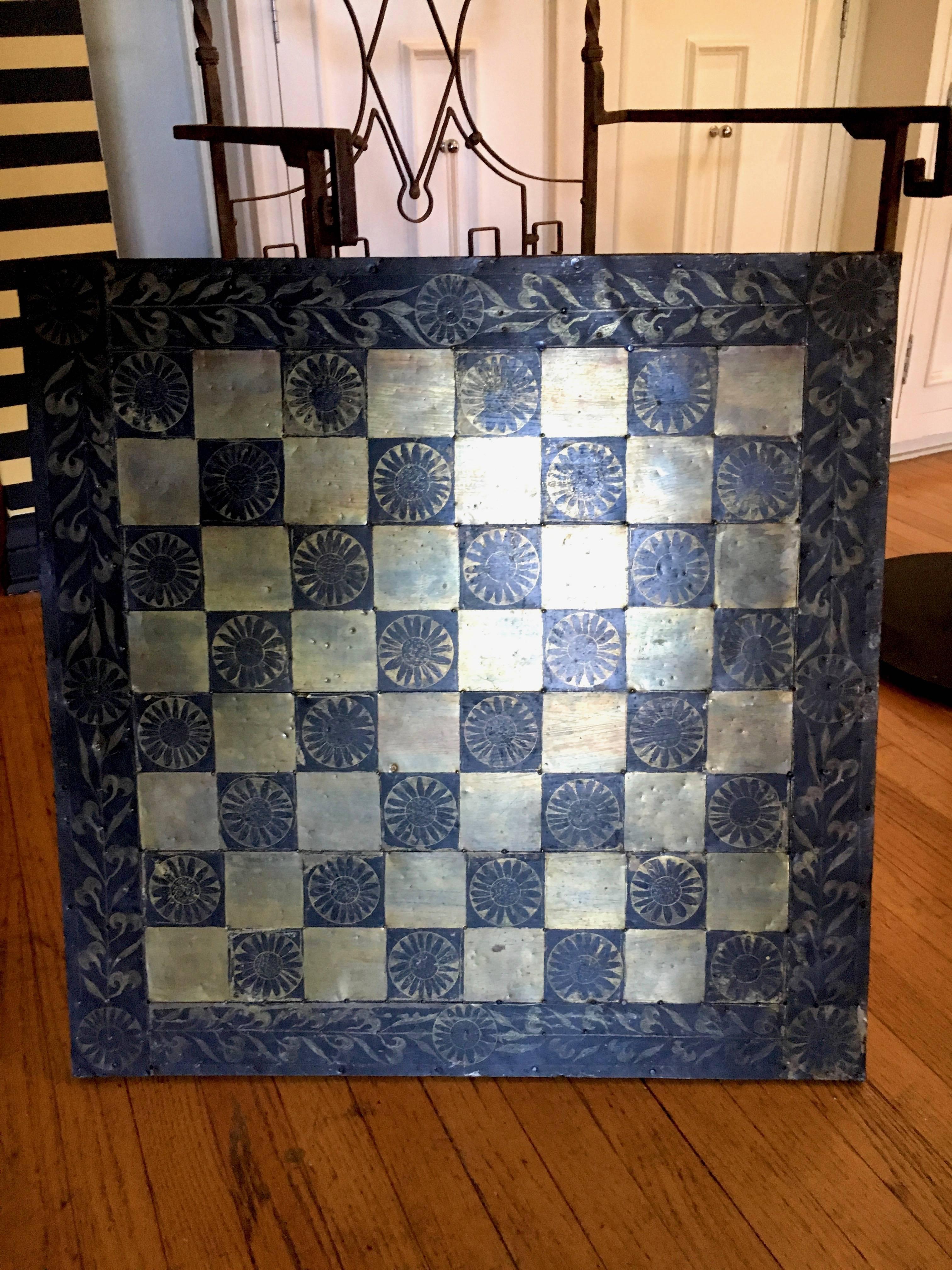 Mid-Century Modern Metal Mexican Chess Board Table with Hand-Carved Wooden Chess Men