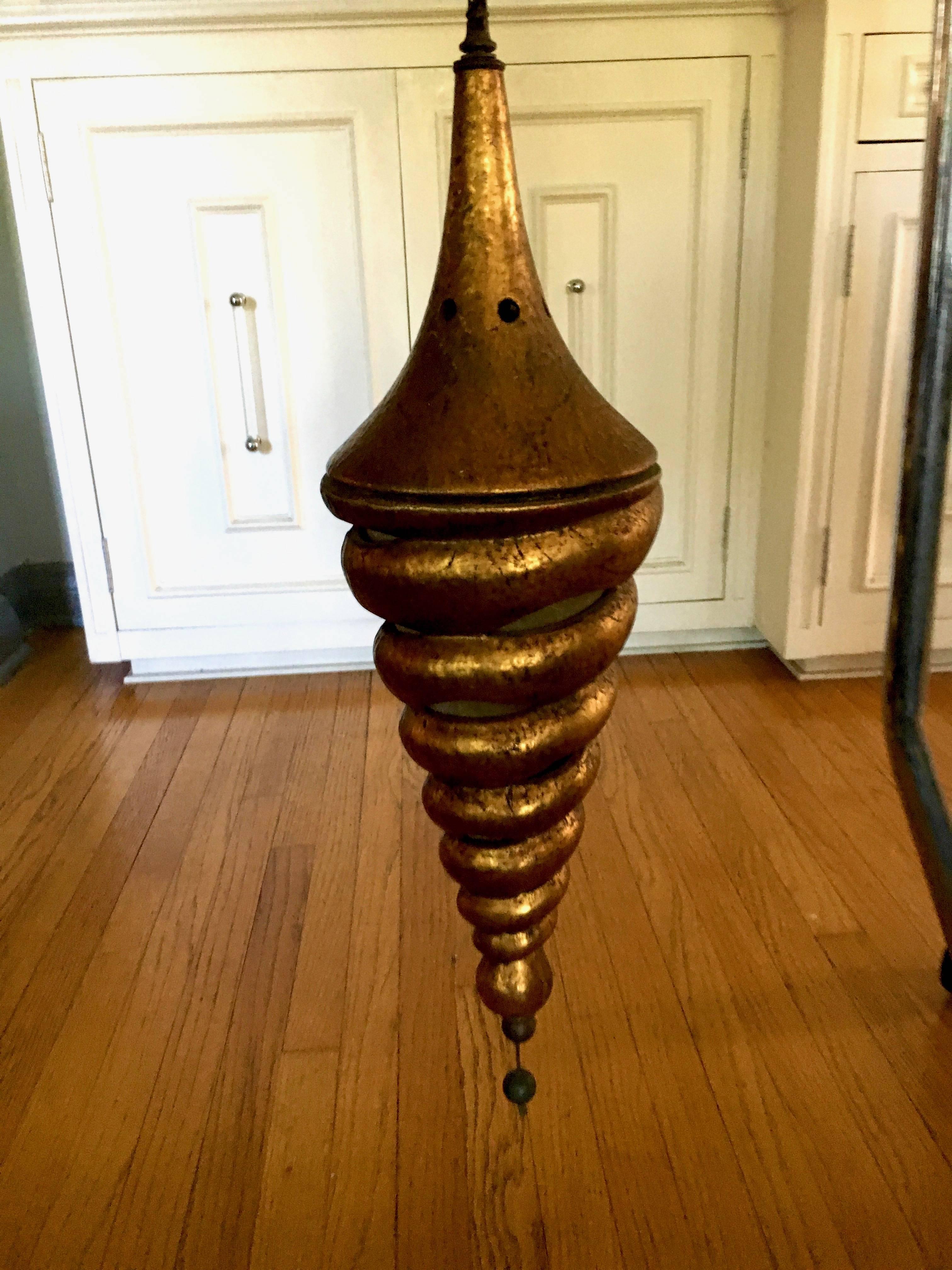 Mid-Century Italian Gilt Spiral Pendant Lamp In Good Condition In Los Angeles, CA