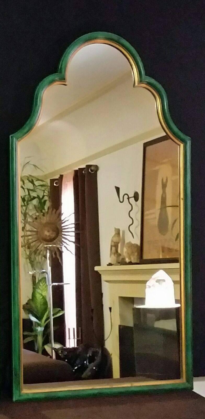 Pair of Mid-Century Wooden Mirrors with Faux Malachite and Gold Trim In Excellent Condition In Los Angeles, CA