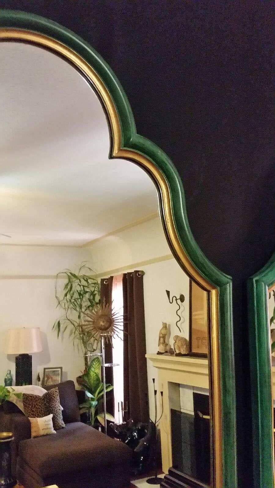 20th Century Pair of Mid-Century Wooden Mirrors with Faux Malachite and Gold Trim
