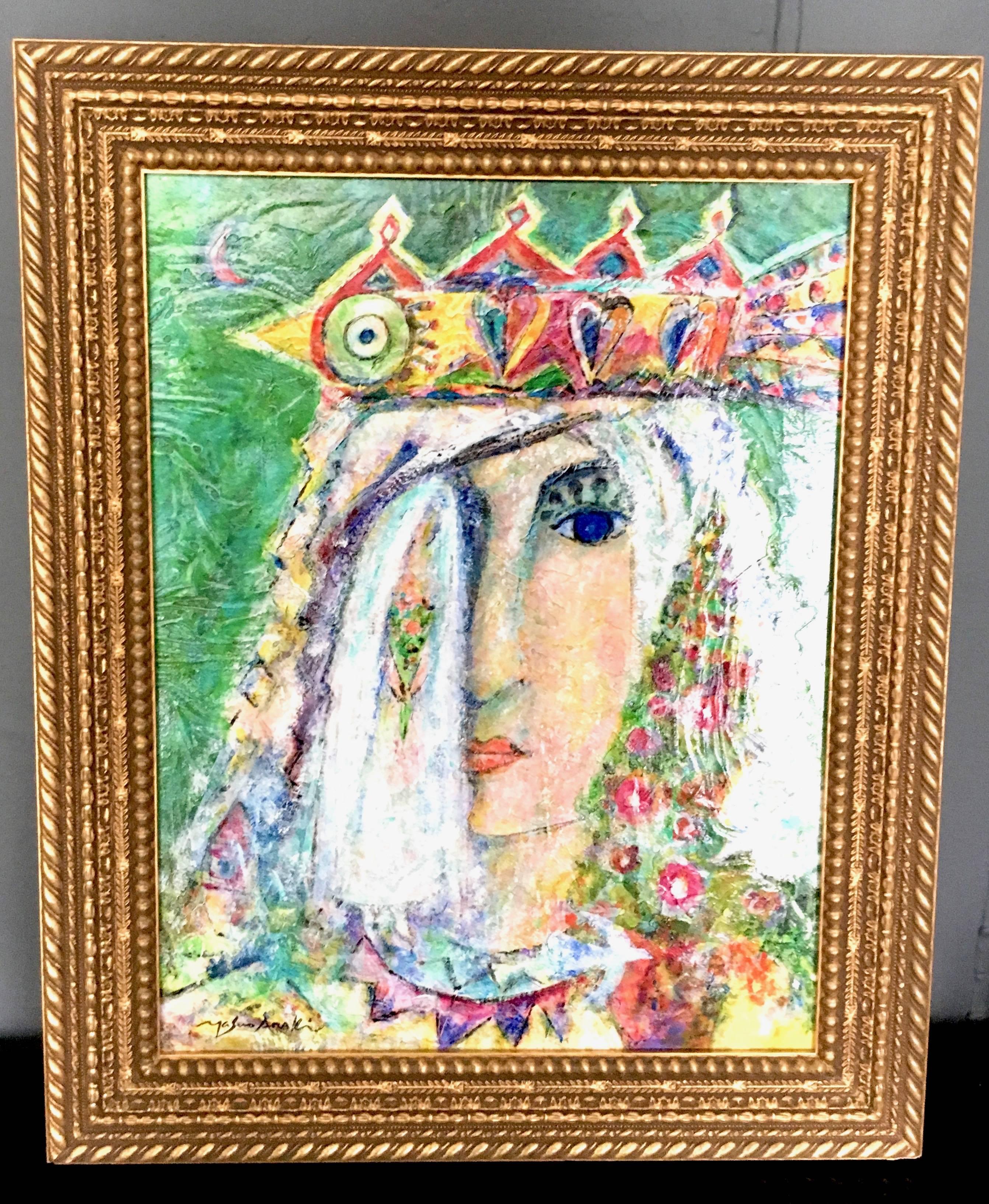 Painting of a Queen in brilliant jewel tone colors - framed in an impressive gilt surround. Instantly brings vibrancy to any room in the home - wonderful in a home office, kitchen or children's room.