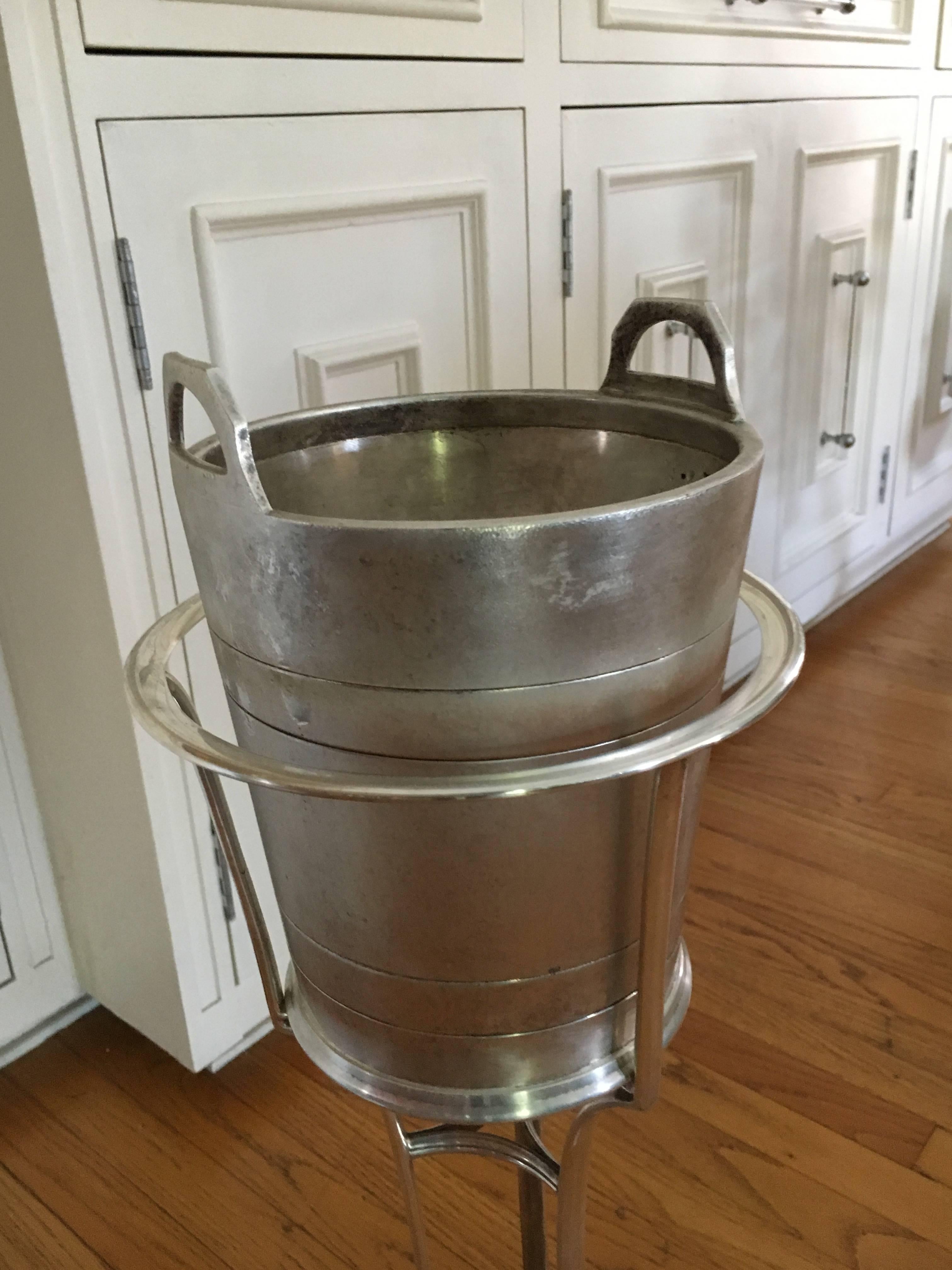 Mid-Century Modern Silver Plate Ice Champagne Wine Bucket/cooler in Stand