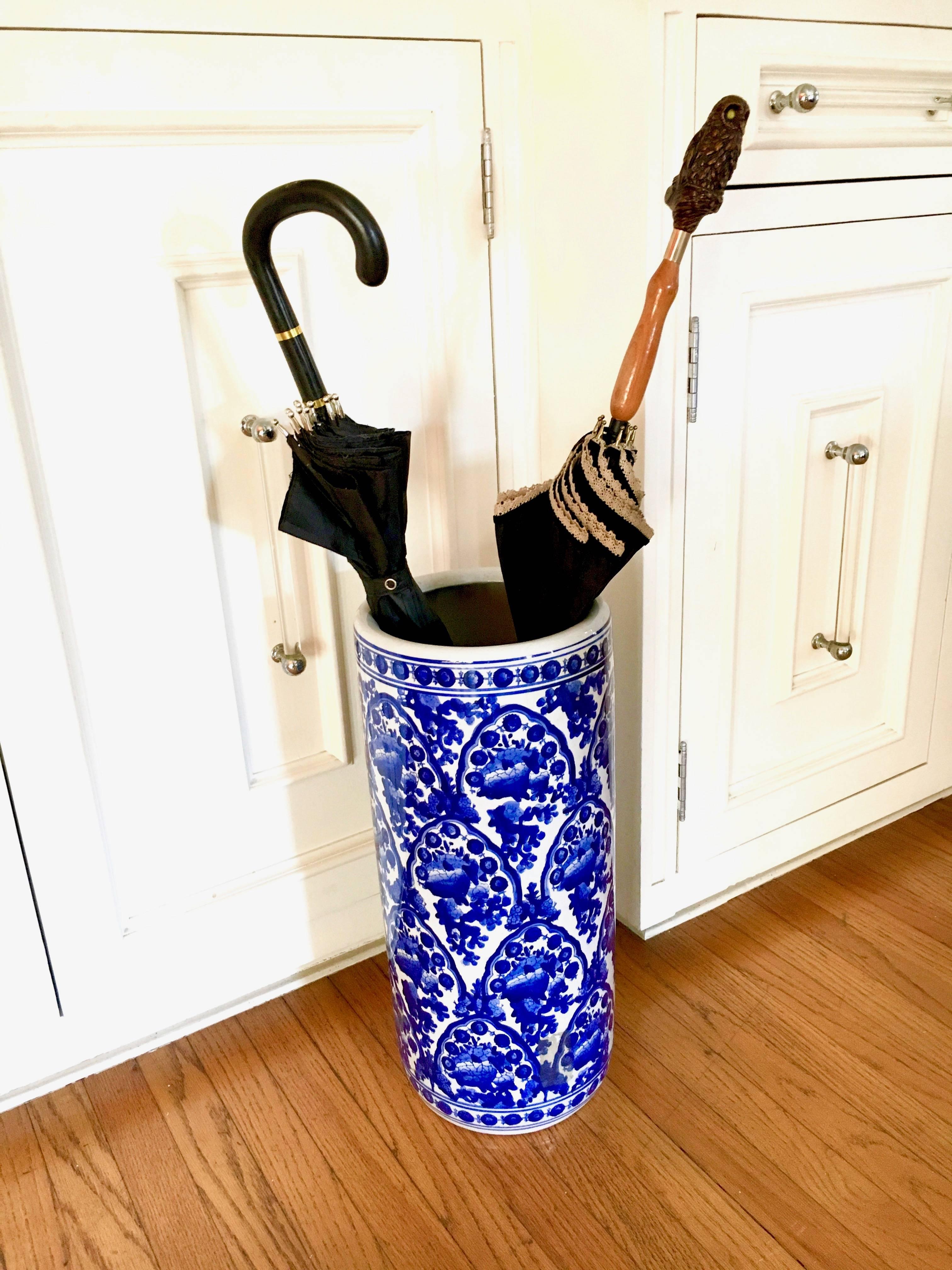 Blue ceramic umbrella stand great for the traditional home, or bend the rules and go modern.