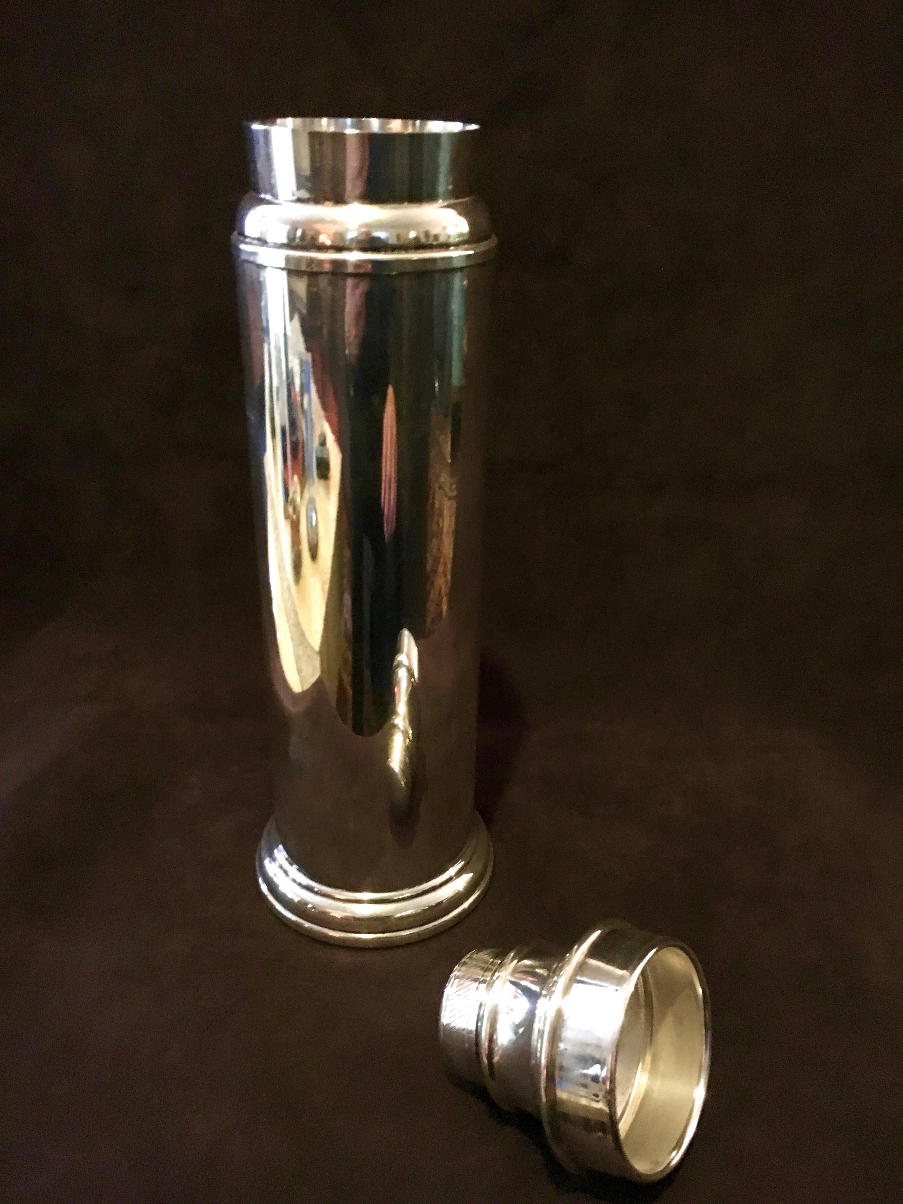 Midcentury Vintage Silver Plate Cocktail Shaker, circa. 1930s

Cocktail Shaker is exceptional and in very good condition for a piece from the early part of the 20th Century - no dings or dents - in three pieces with a strainer for those yumilicious