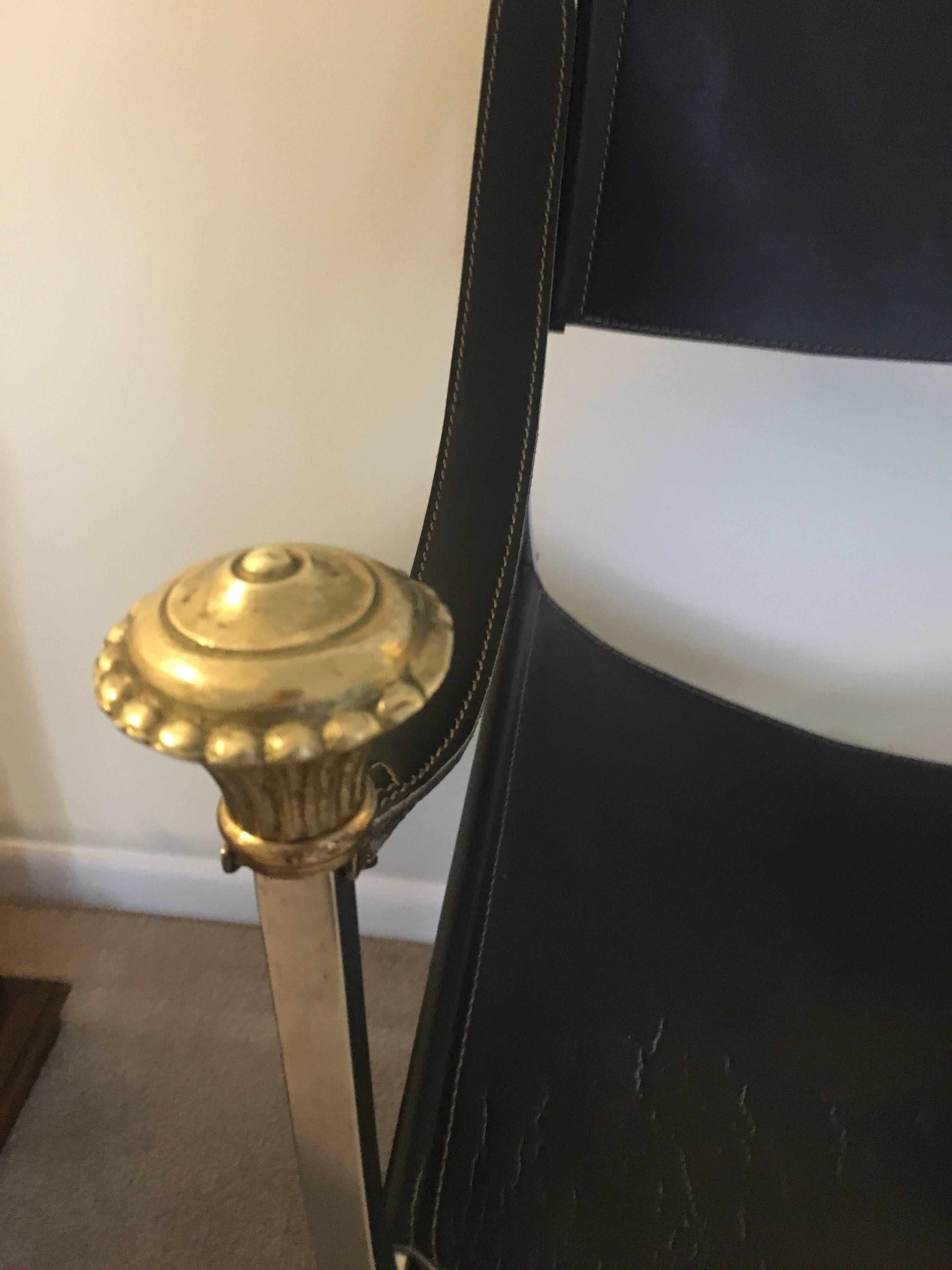 Italian Maison Jansen Brass Polished Steel and Leather Savonarola Chair