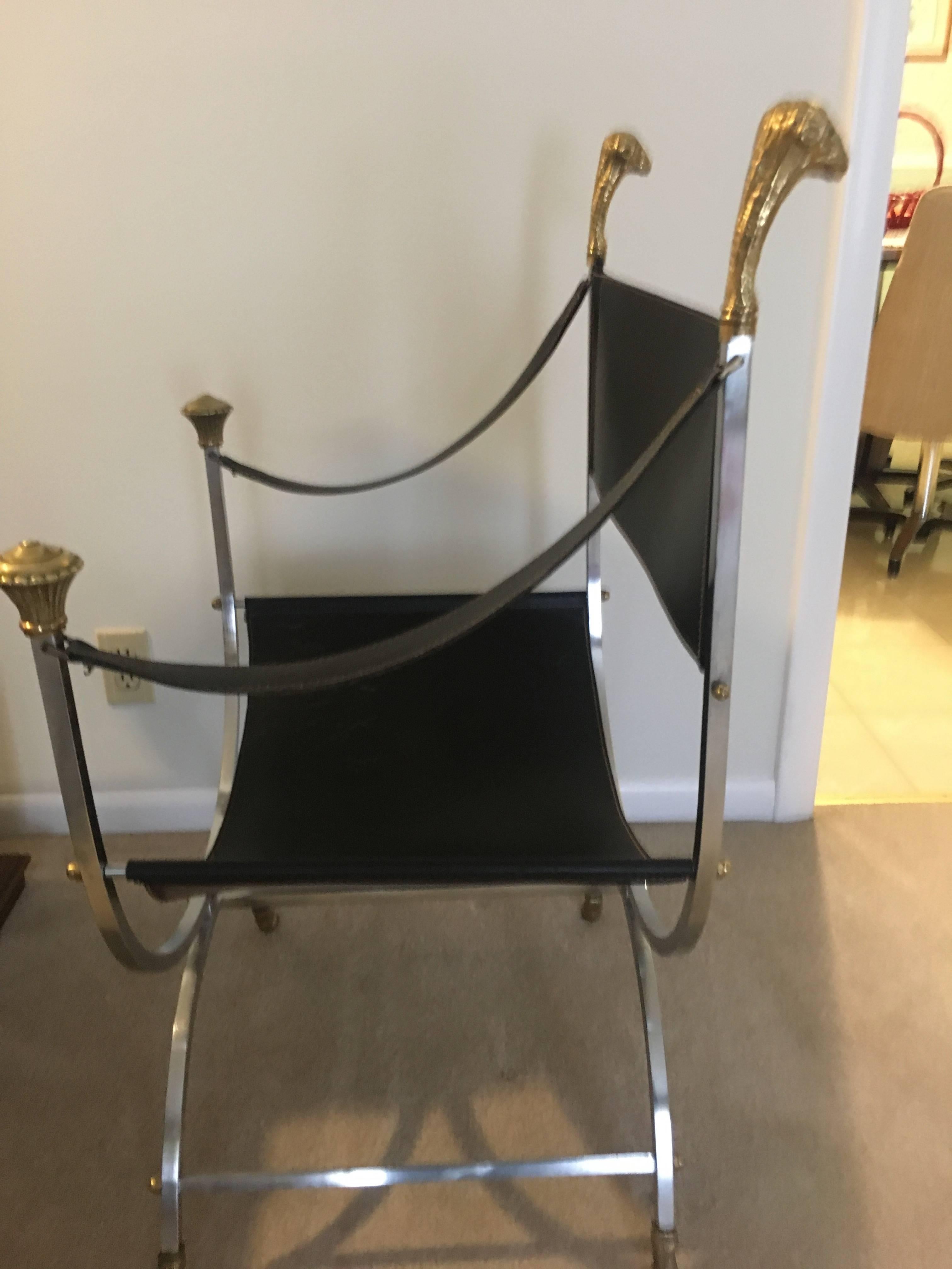 Mid-Century Modern Maison Jansen Brass Polished Steel and Leather Savonarola Chair
