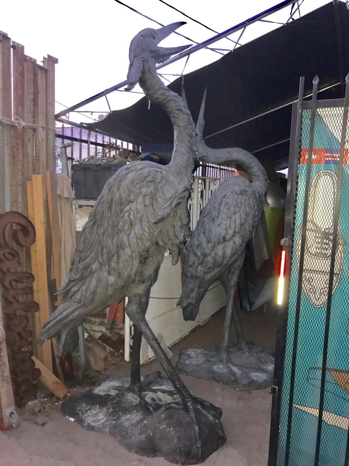 Pair of 11 foot Tall Vintage Bronze Cranes In Excellent Condition In Los Angeles, CA